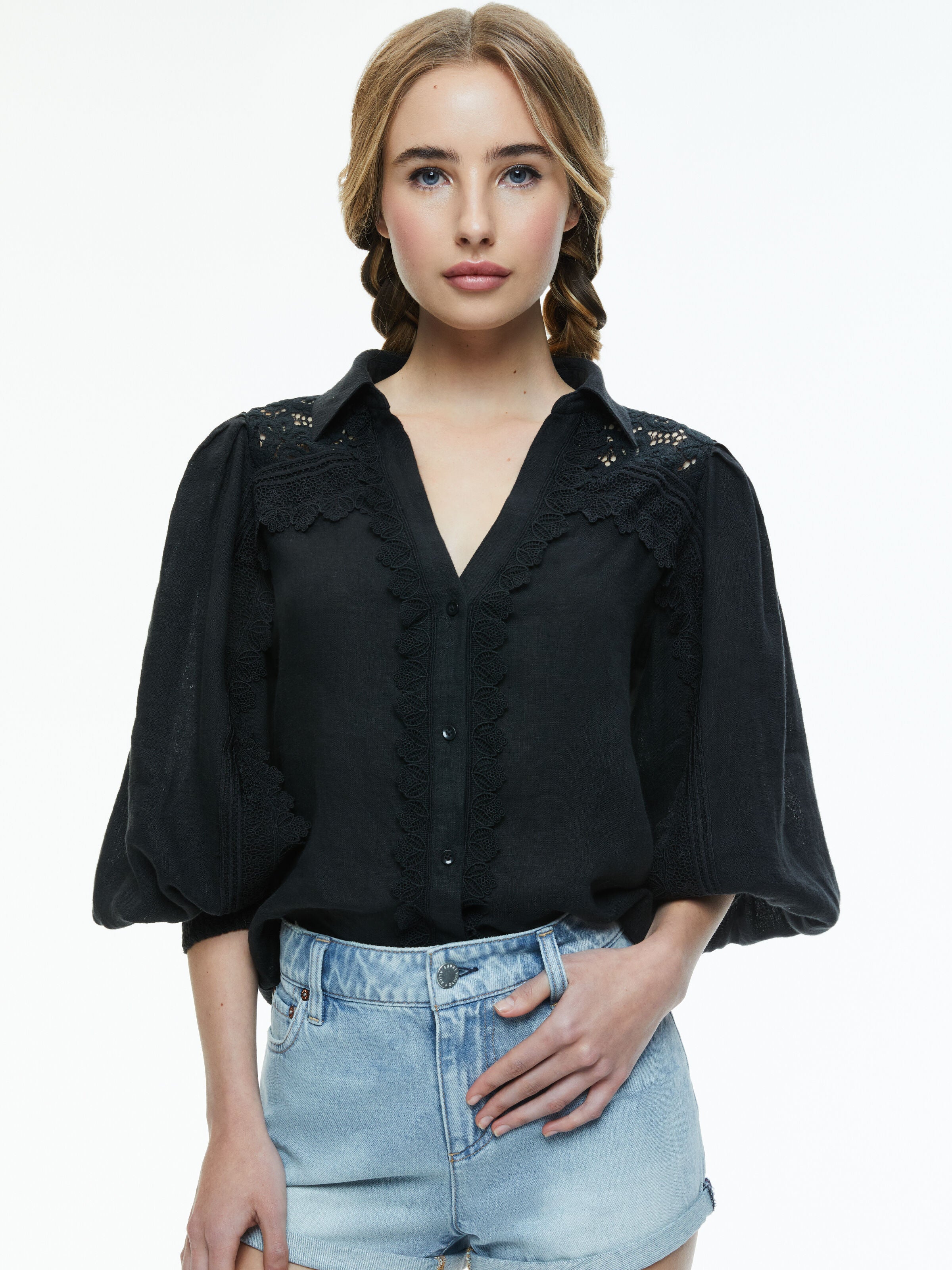 VENTY BUTTON FRONT BLOUSE-Black-ALICE + OLIVIA