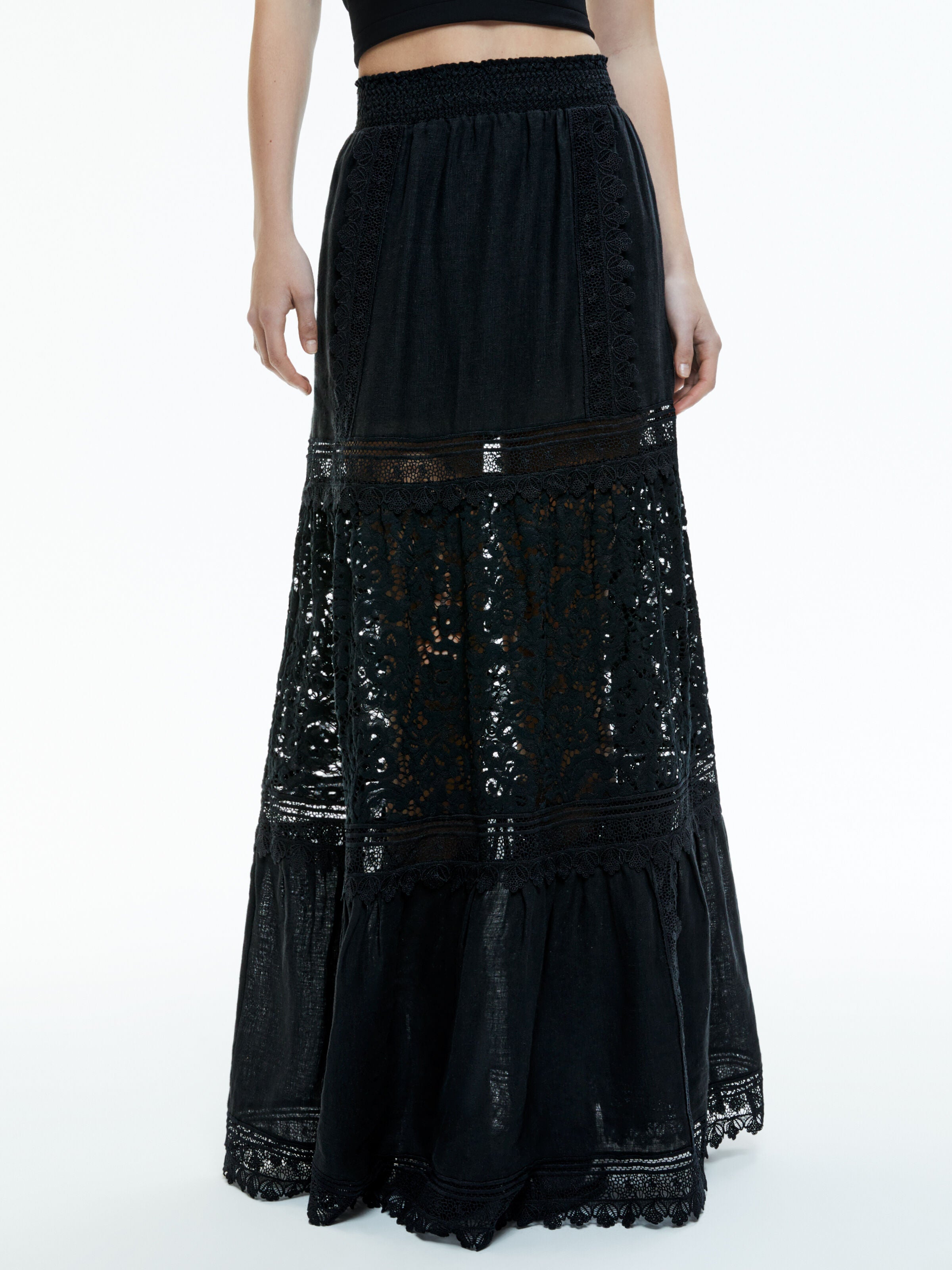 REISE EYELET PANELLED MAXI SKIRT-Black-ALICE + OLIVIA