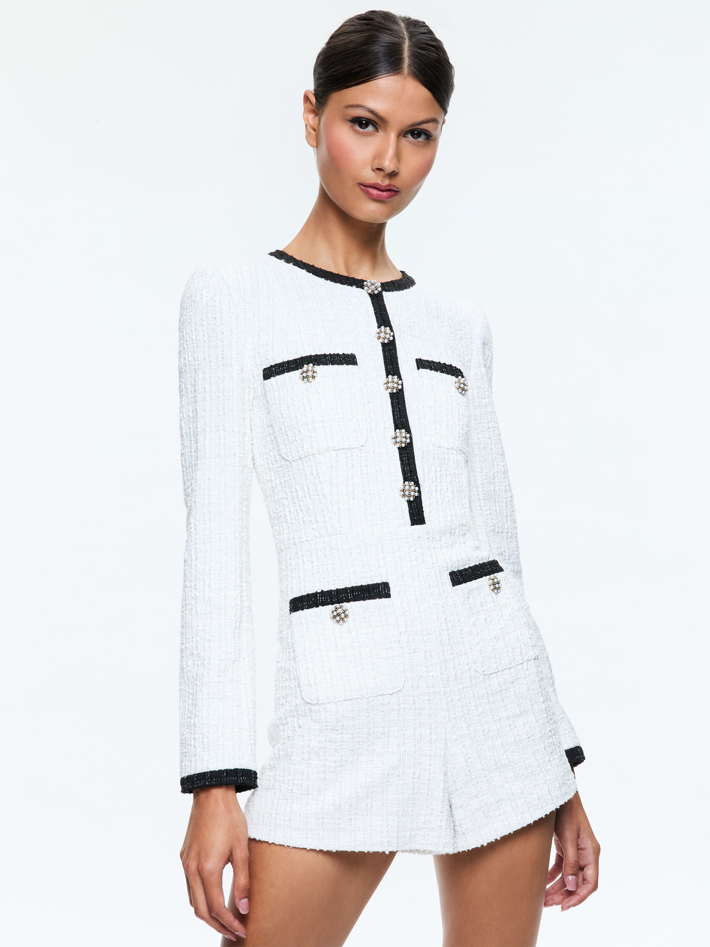 SHILOH TWEED ROMPER-OFF WHITE/BLACK-ALICE + OLIVIA