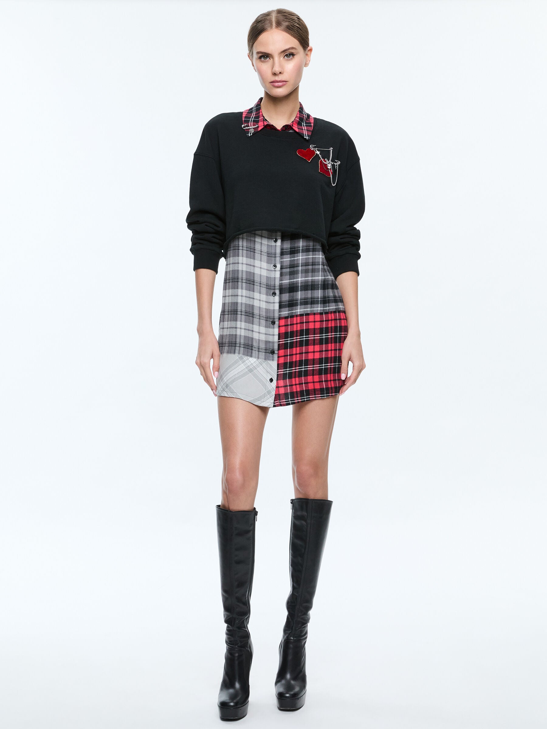 CHARIS MIXED MEDIA MINI DRESS-BLACK MULTI-ALICE + OLIVIA
