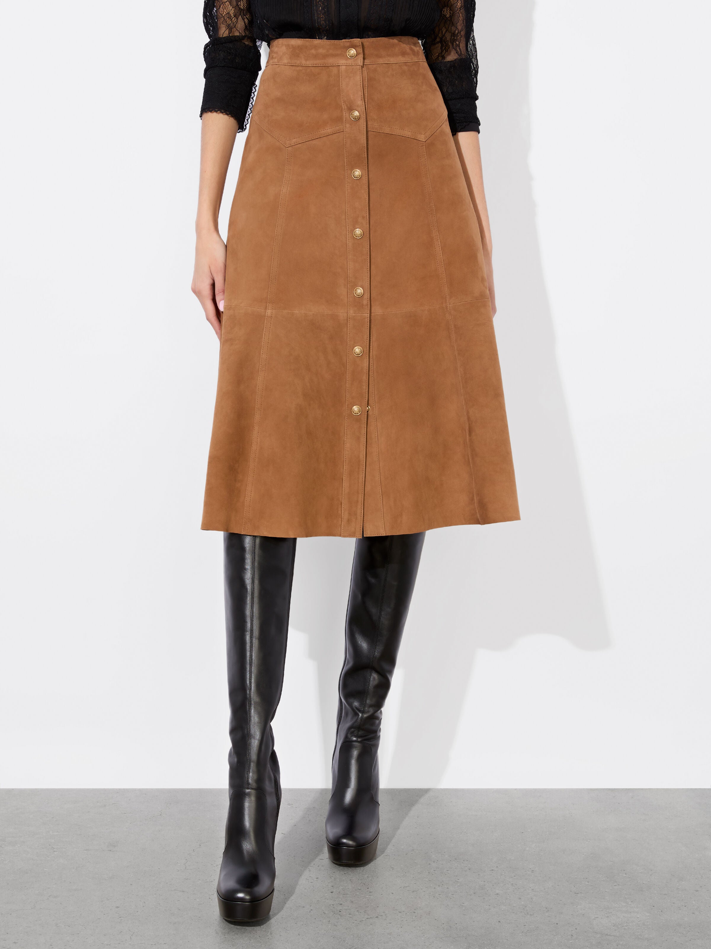 CALICA SUEDE MIDI SKIRT-CAMEL-ALICE + OLIVIA