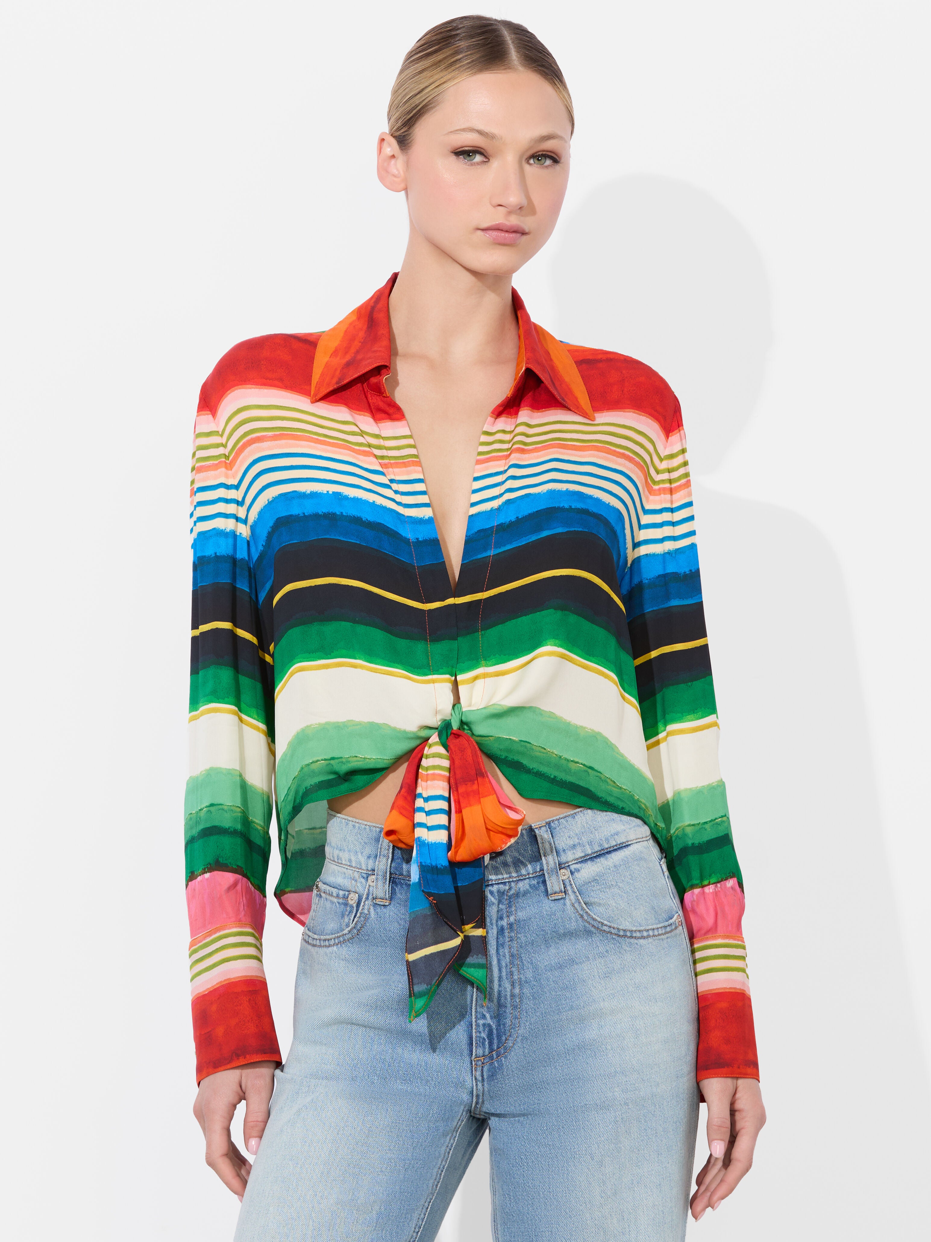 HANNON TIE FRONT BLOUSE-RAINBOW REEF-ALICE + OLIVIA