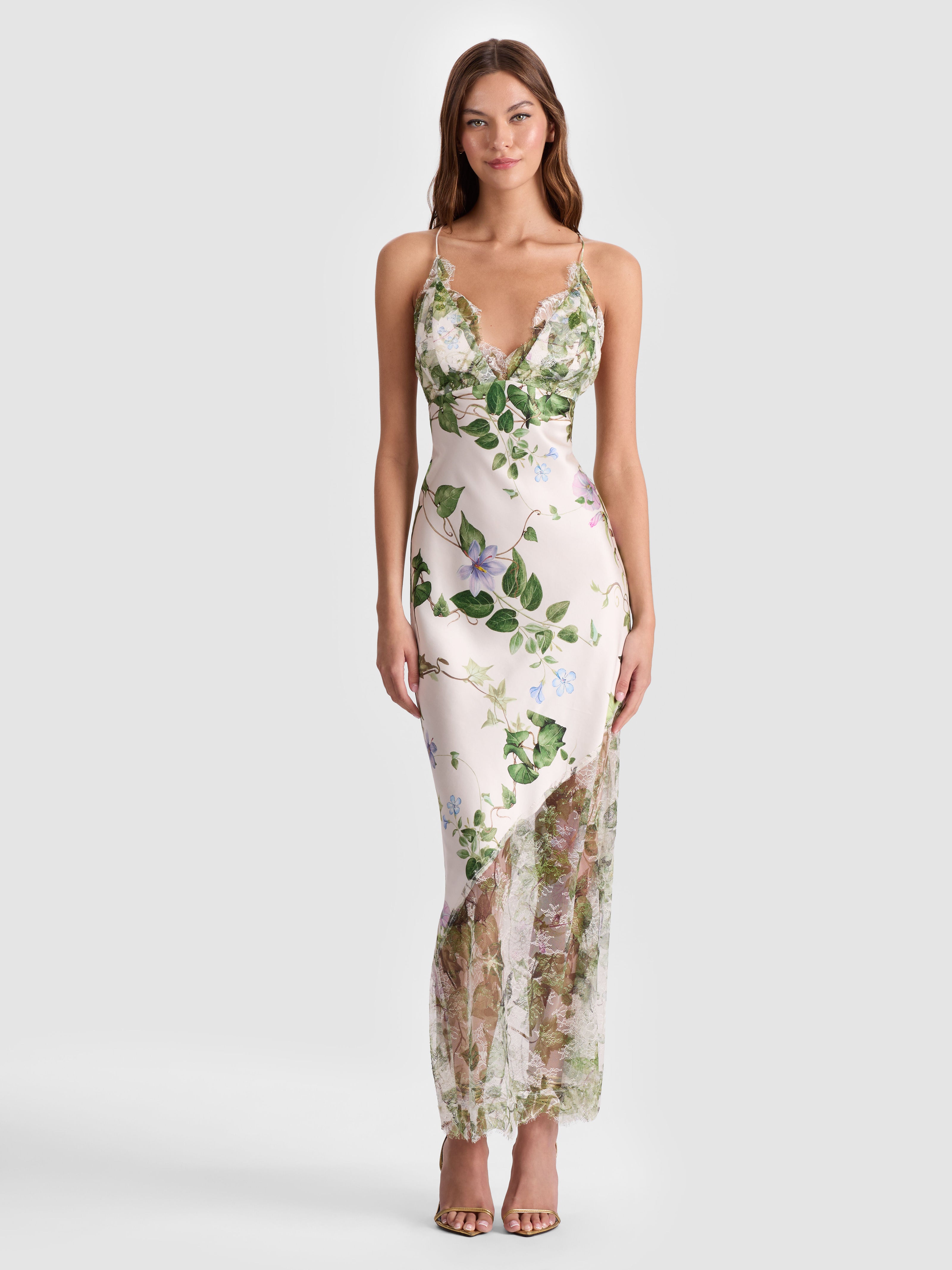 alice and olivia maxi dresses CLAUDIA OPEN BACK DRESS in IVY ROMANCE Blue Striped Red Ric 46.5in / 118.0cm destination spring break Color:Glossy Olive Green