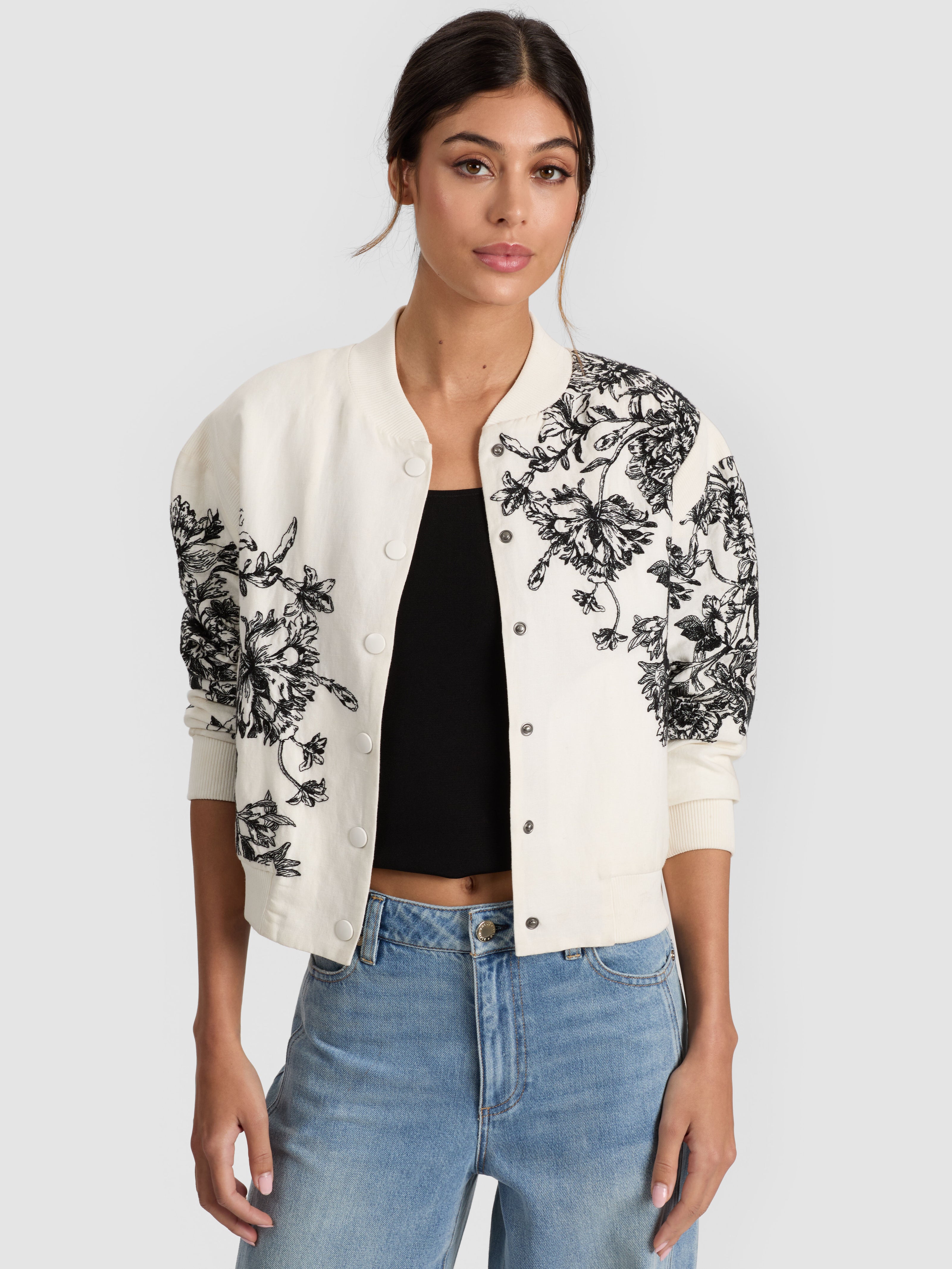 KERI VARSITY JACKET-BLOOMING WILD OFF WHITE-ALICE + OLIVIA