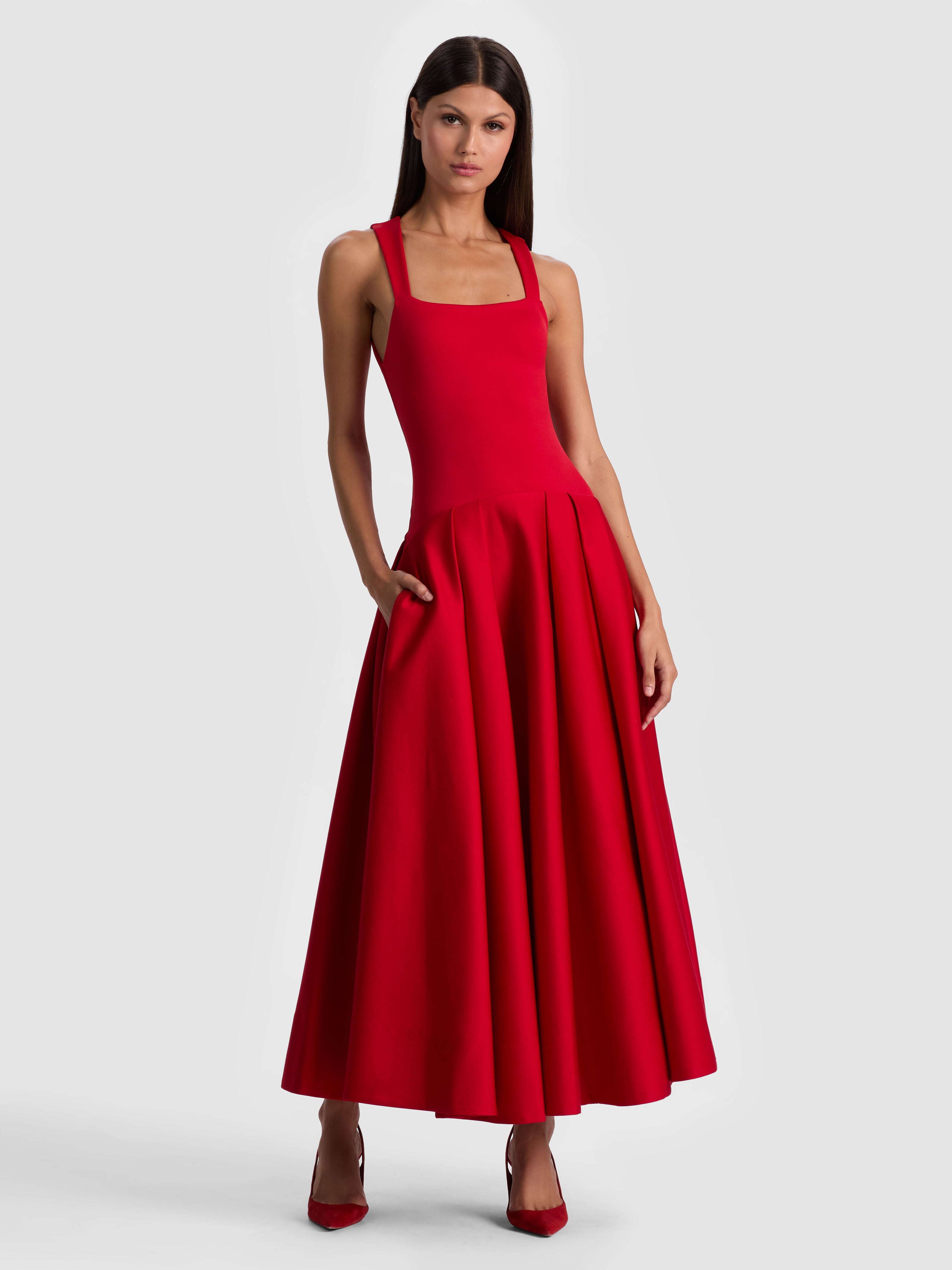 ADLEY DROP WAIST MIDI DRESS-PERFECT RUBY-ALICE + OLIVIA