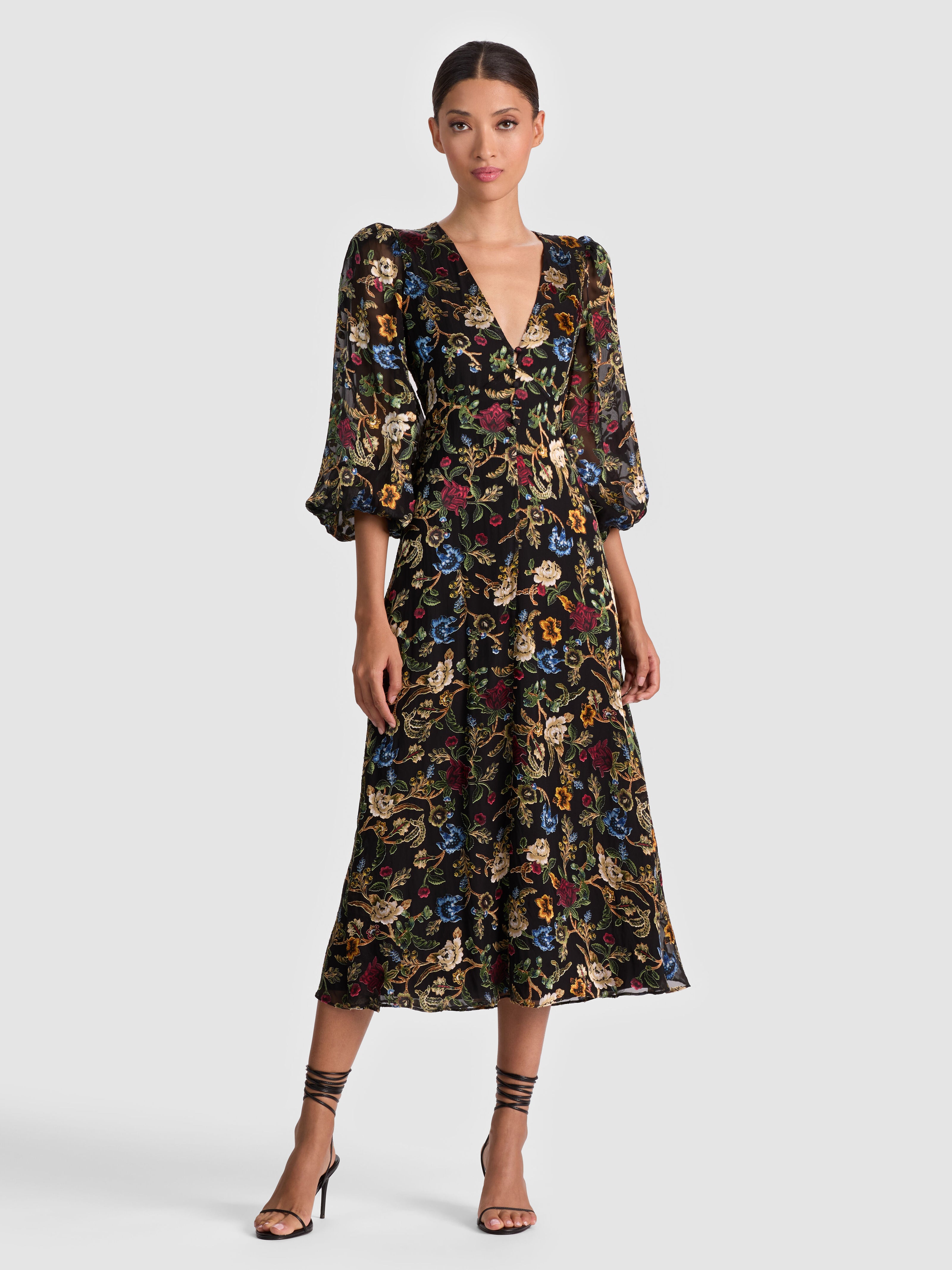 MONA MIDI DRESS-TAPESTRY TRAILS SM BLACK-ALICE + OLIVIA