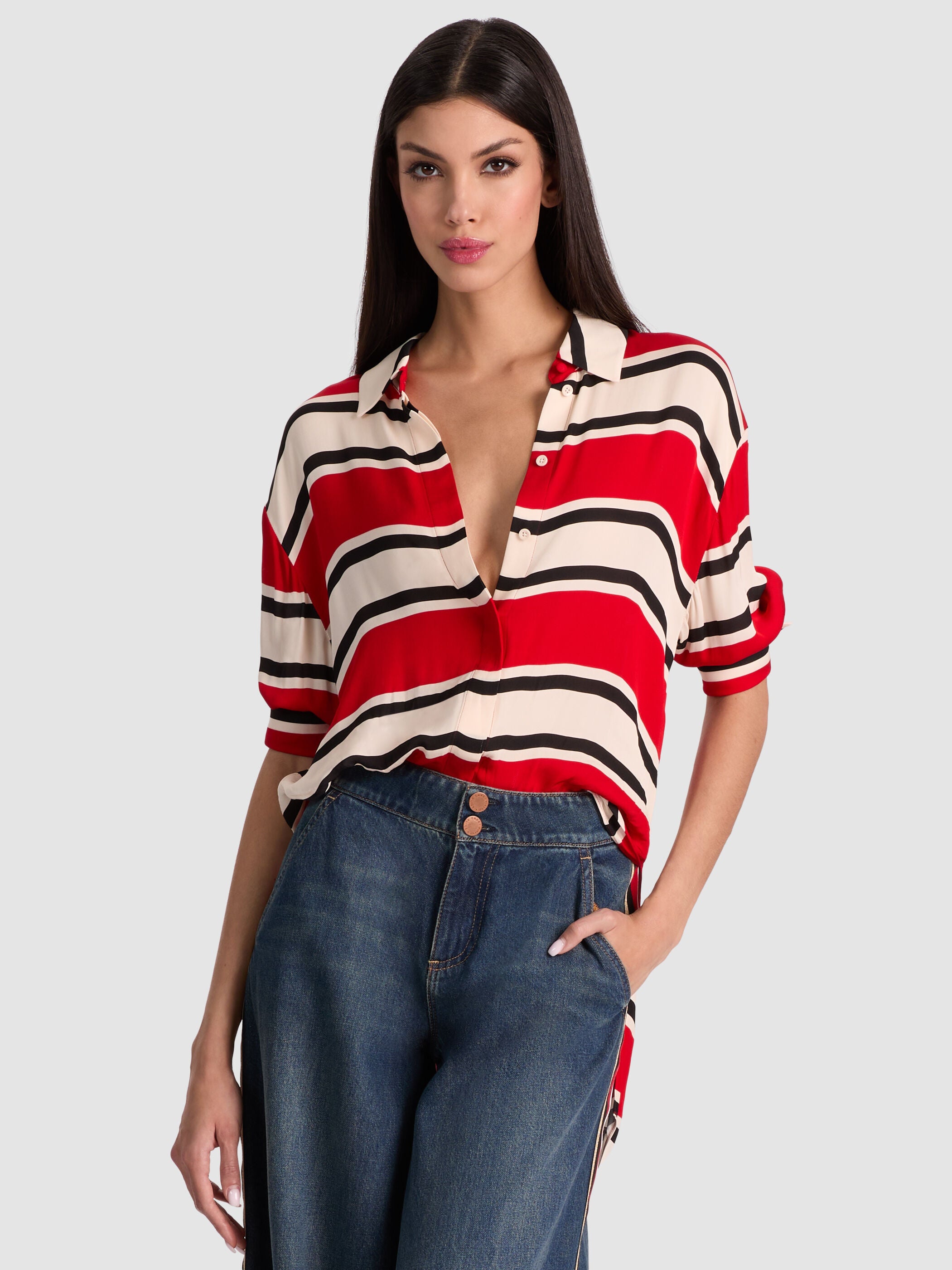 DIMITRA OVERSIZED BUTTON DOWN-PADDLEBOARD STRIPE BLACK/ECRU-ALICE + OLIVIA