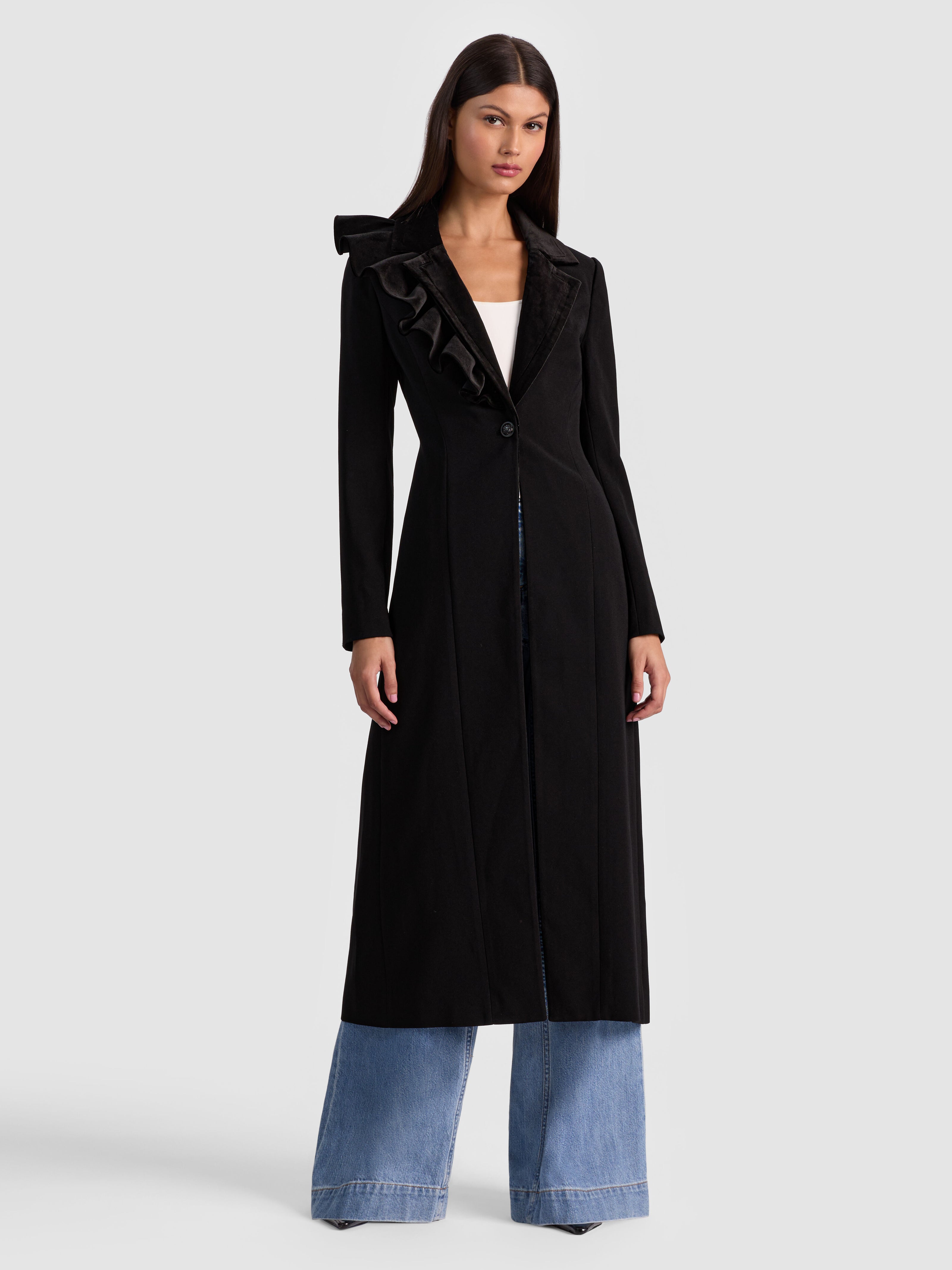 FAIE SLIM RUFFLE MAXI BLAZER-Black-ALICE + OLIVIA