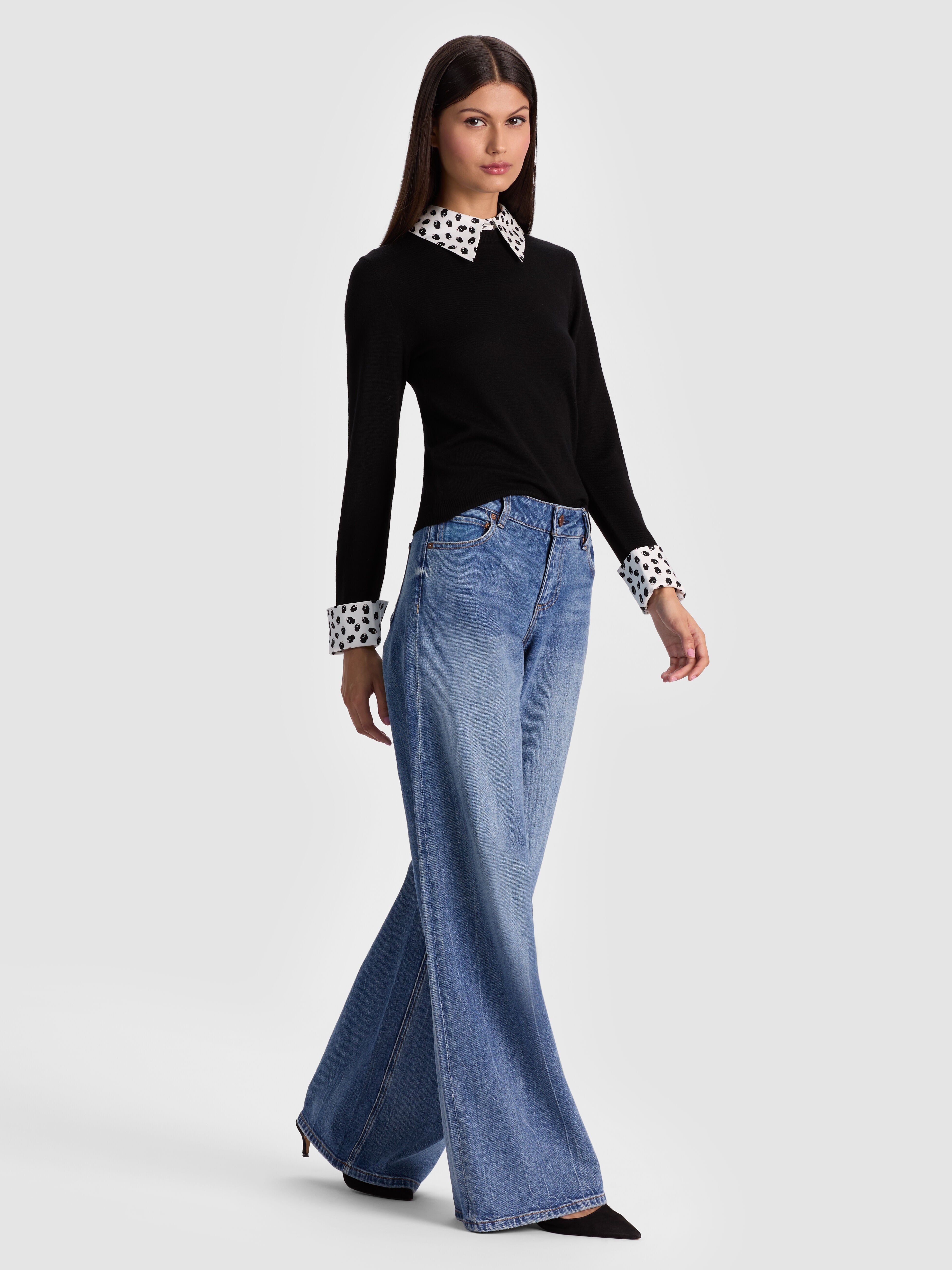 PORLA STACEFACE COLLARED SWEATER in Black | ALICE + OLIVIA