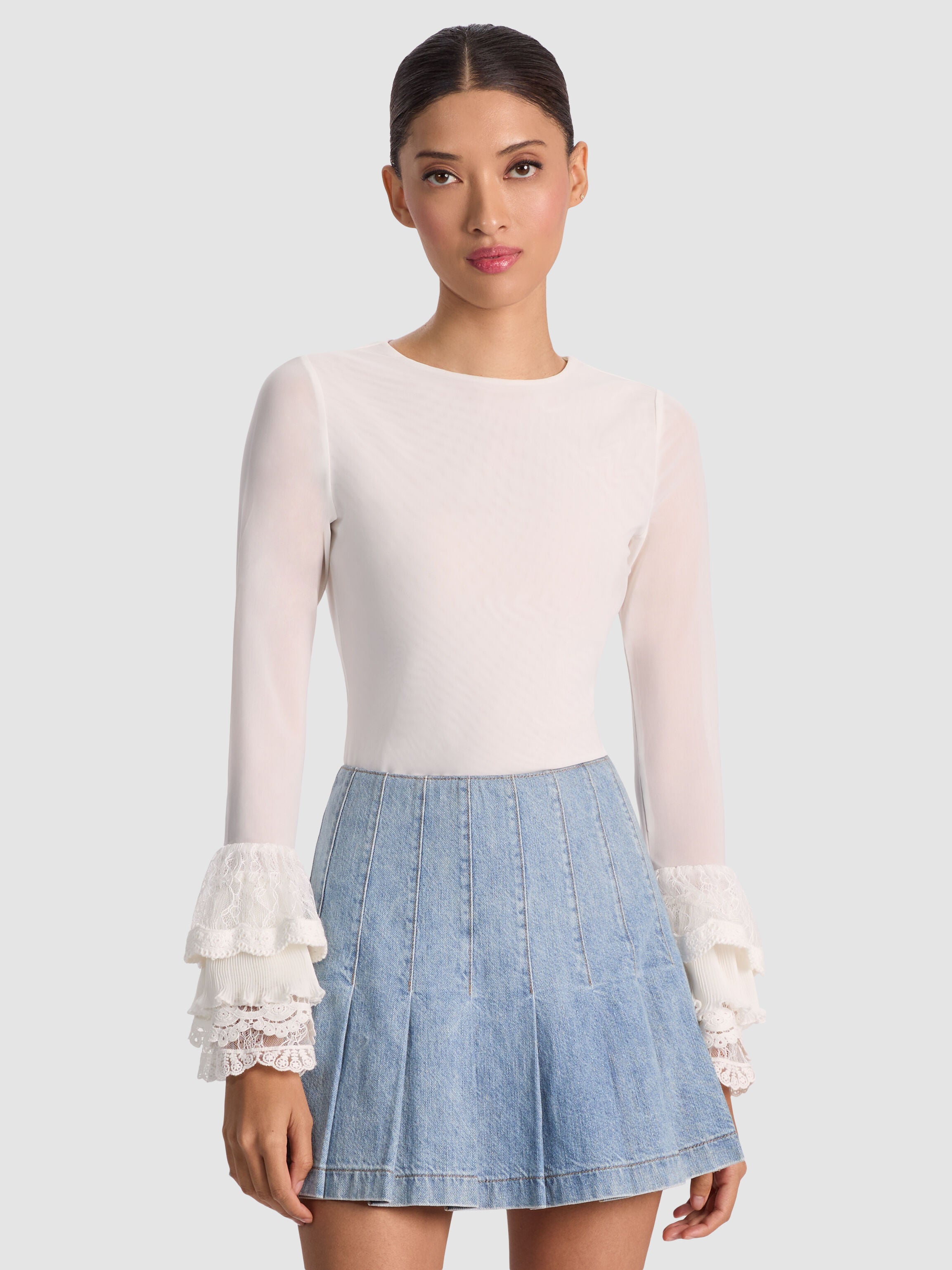 DELAINA TOP WITH RUFFLE CUFF-Black-ALICE + OLIVIA