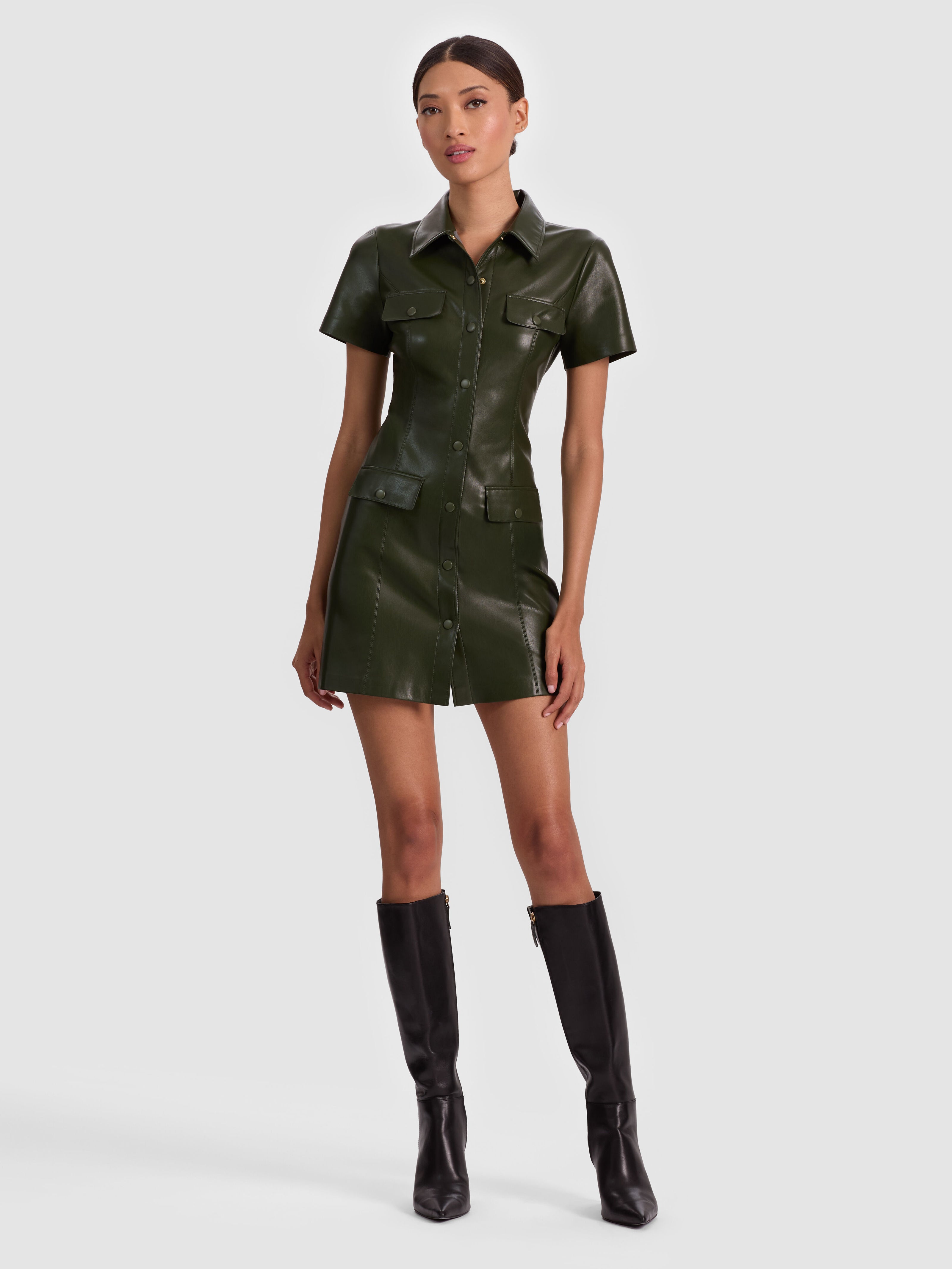 JAMIE VEGAN MINI DRESS-DARK OLIVE-ALICE + OLIVIA