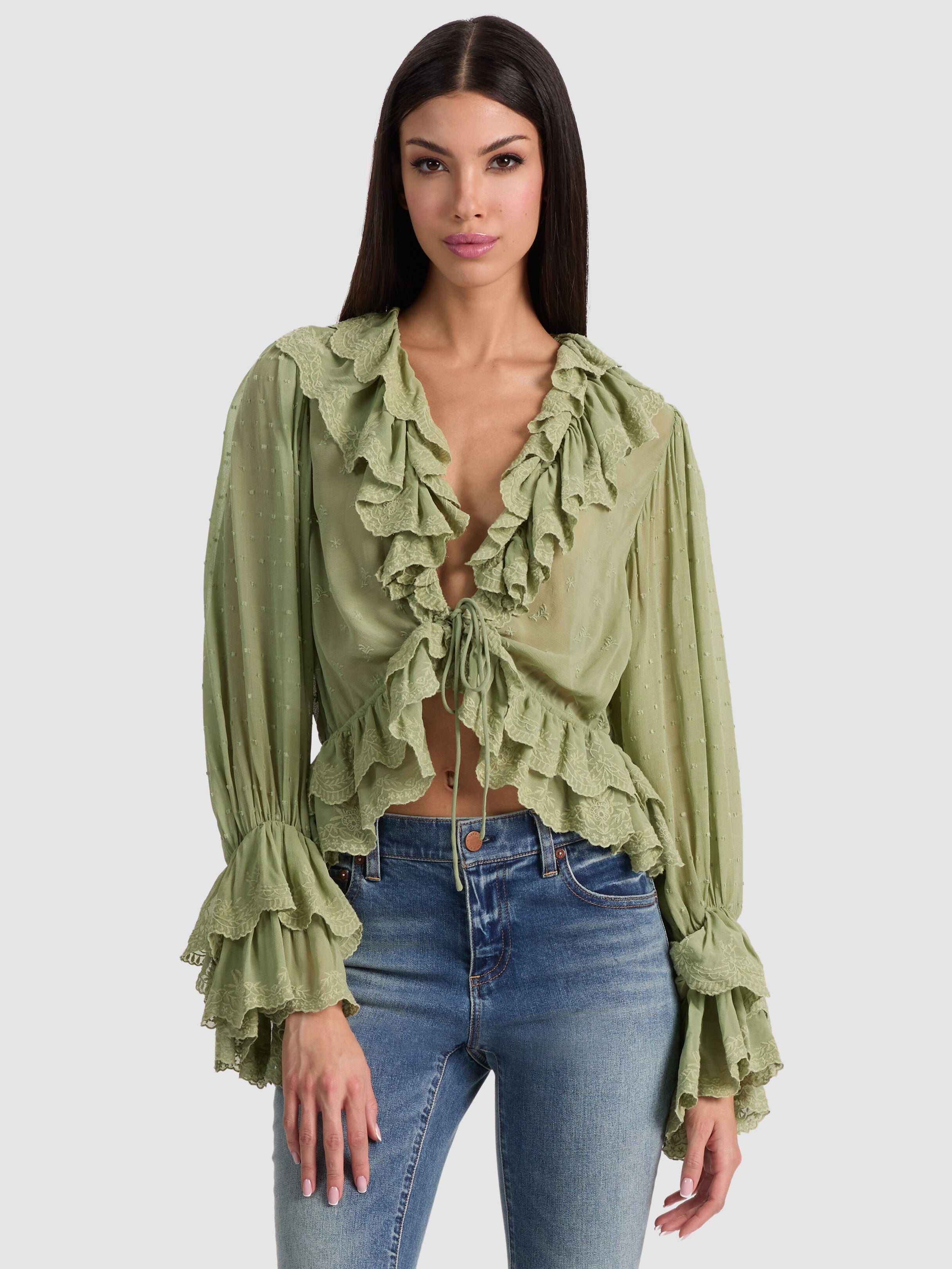 TENNEY EMBR DEEP V RUFFLE CROPPED TOP-Black-ALICE + OLIVIA
