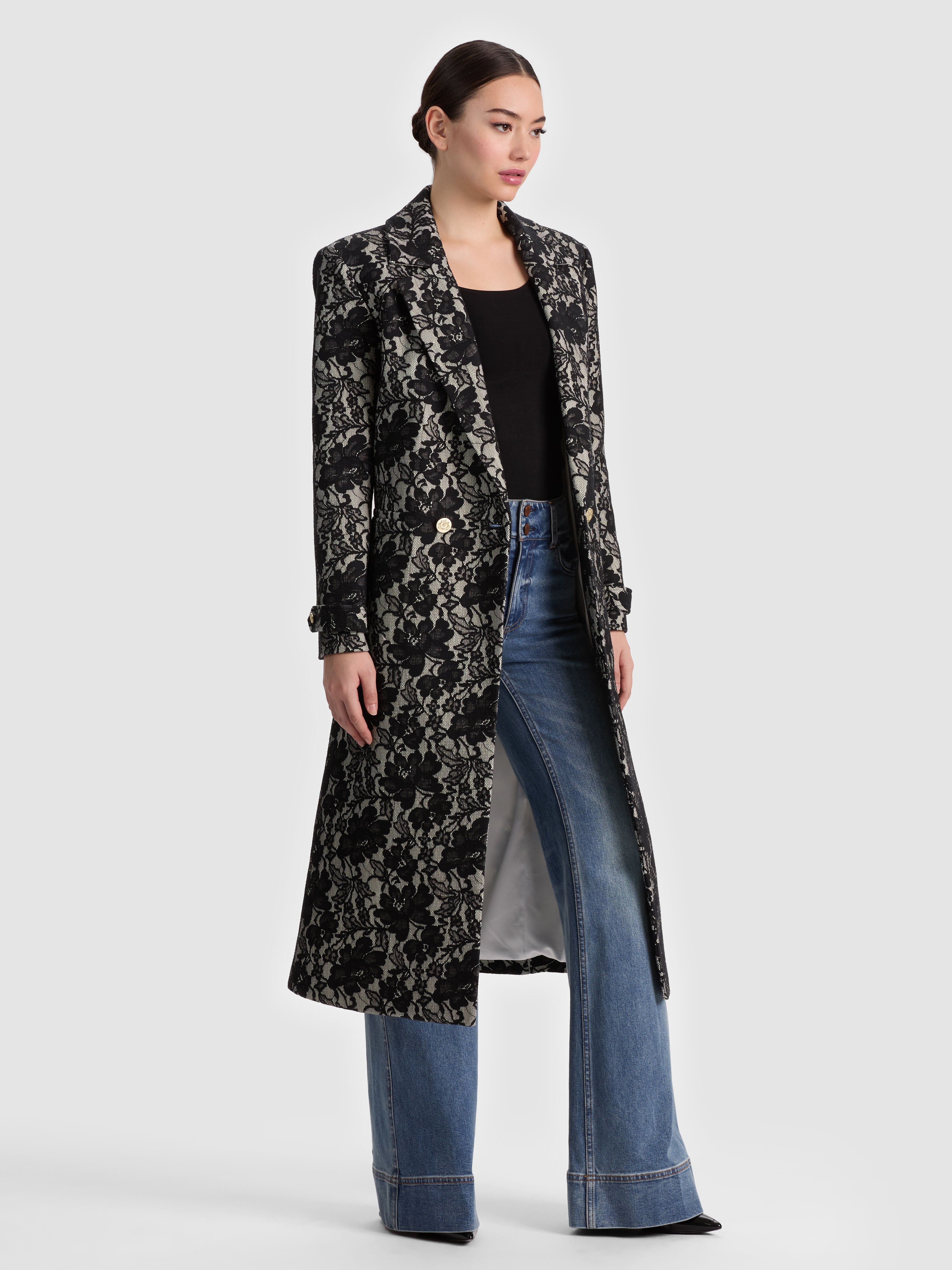 AMERI　VINTAGE　 BACK LACE COAT JIMMY LACE COAT in OFF WHITE/BLACK | ALICE + OLIVIA