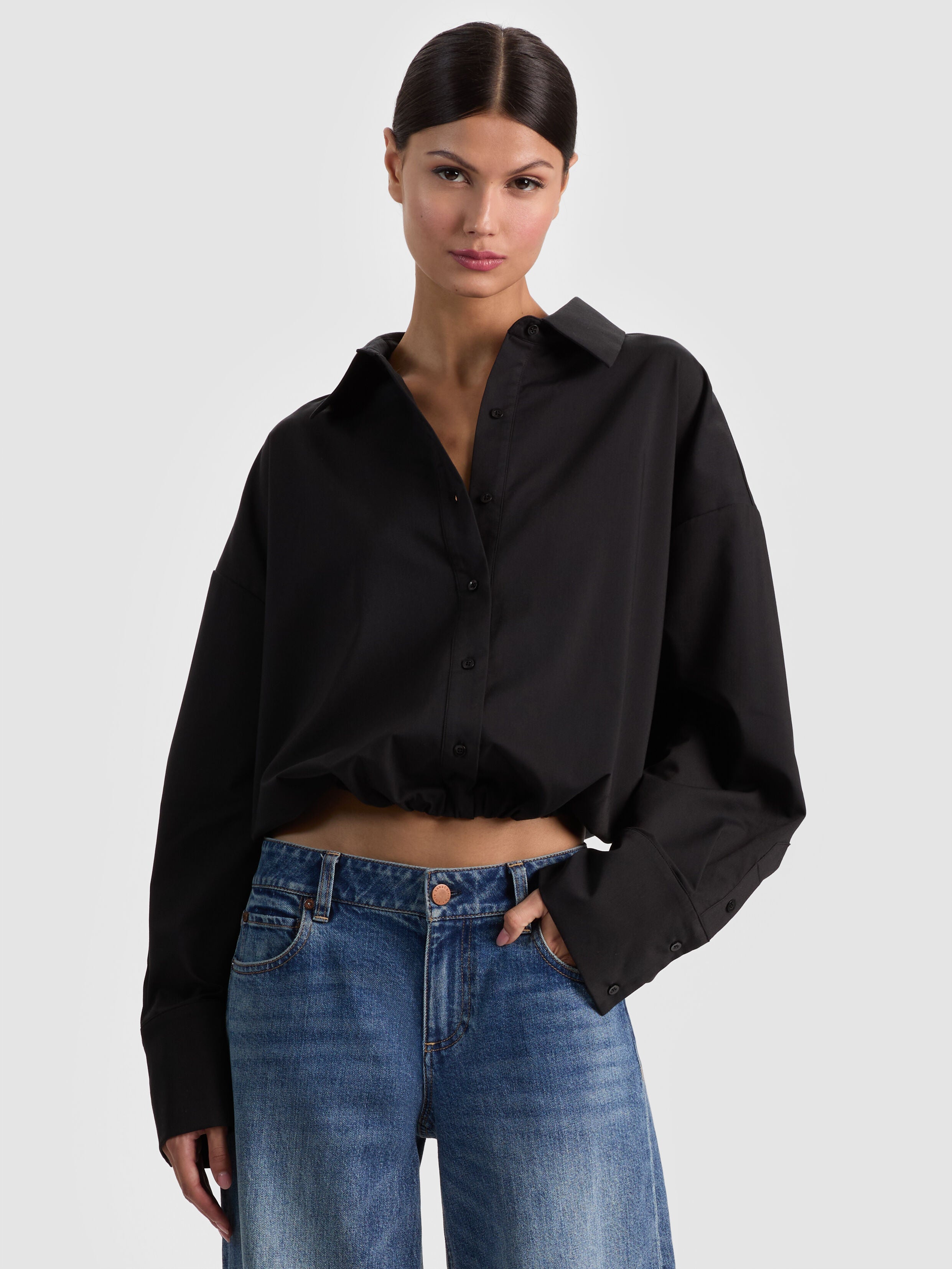 TOBIE CINCHED BUTTON DOWN-Black-ALICE + OLIVIA