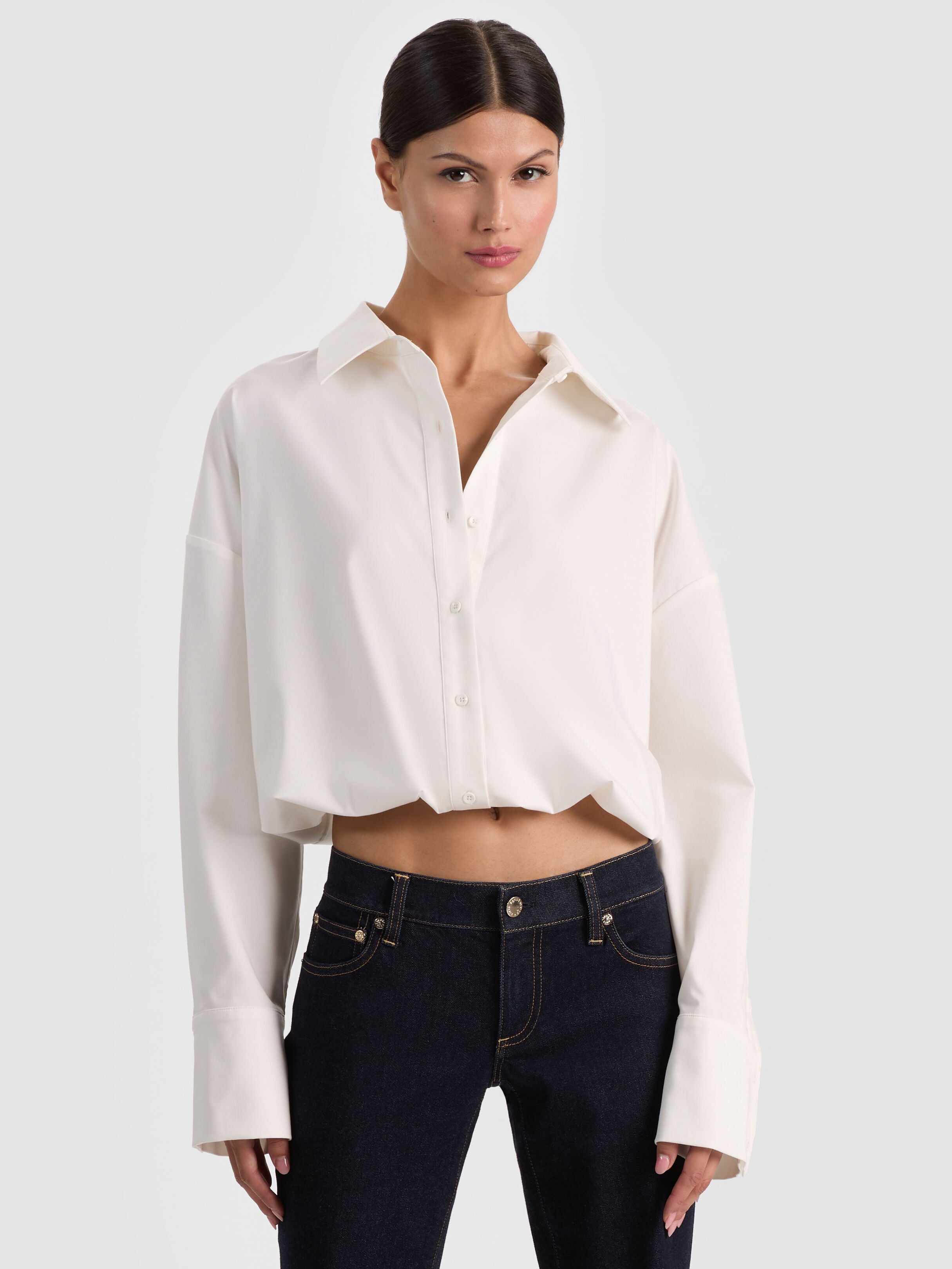 TOBIE CINCHED BUTTON DOWN-OFF WHITE-ALICE + OLIVIA