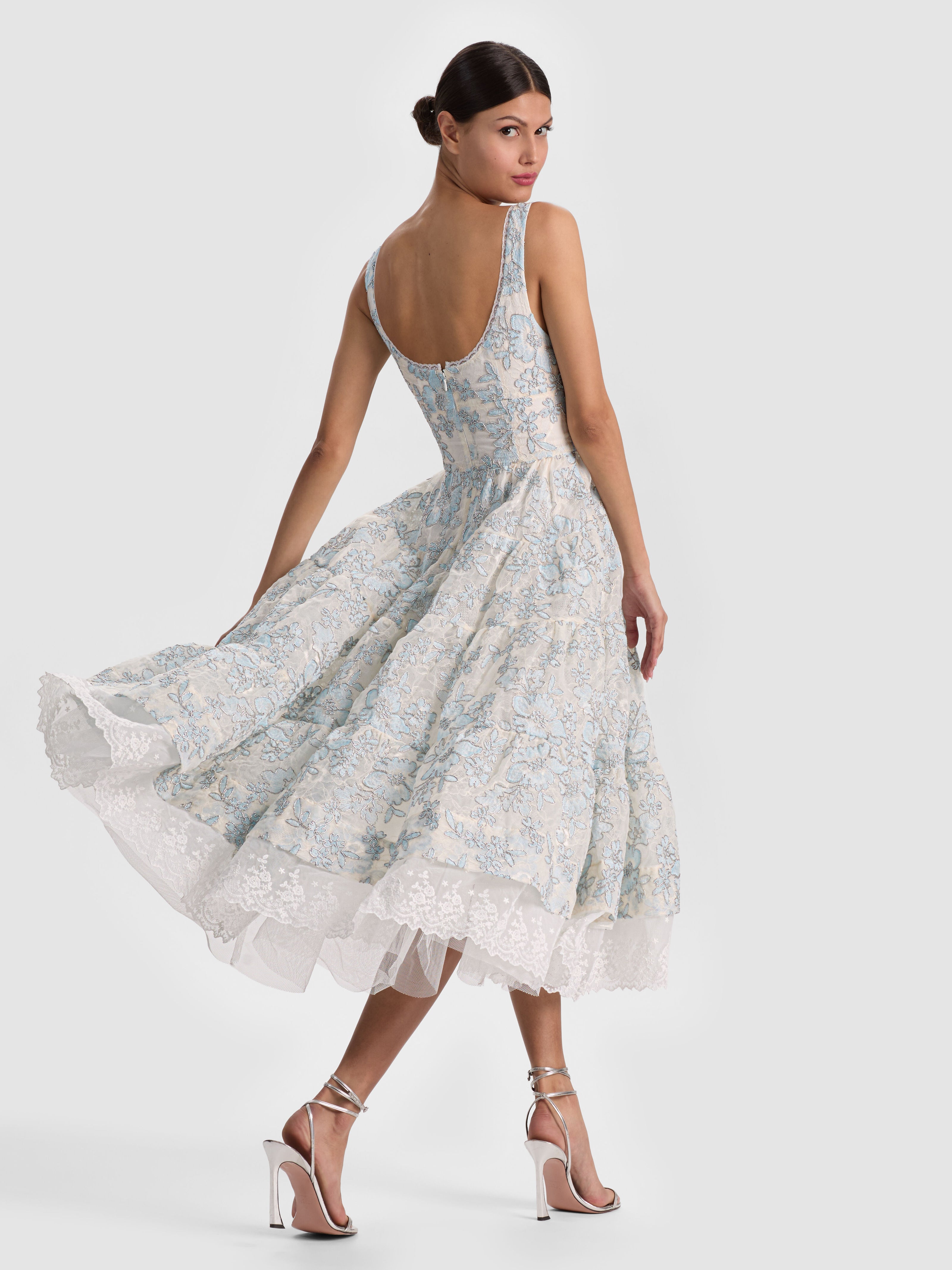 CHARLOTTE EMBR LACE SCOOP NK TIERED ANKLE LENGTH DRESS-OFF WHITE/CAROLINA BLUE-ALICE + OLIVIA