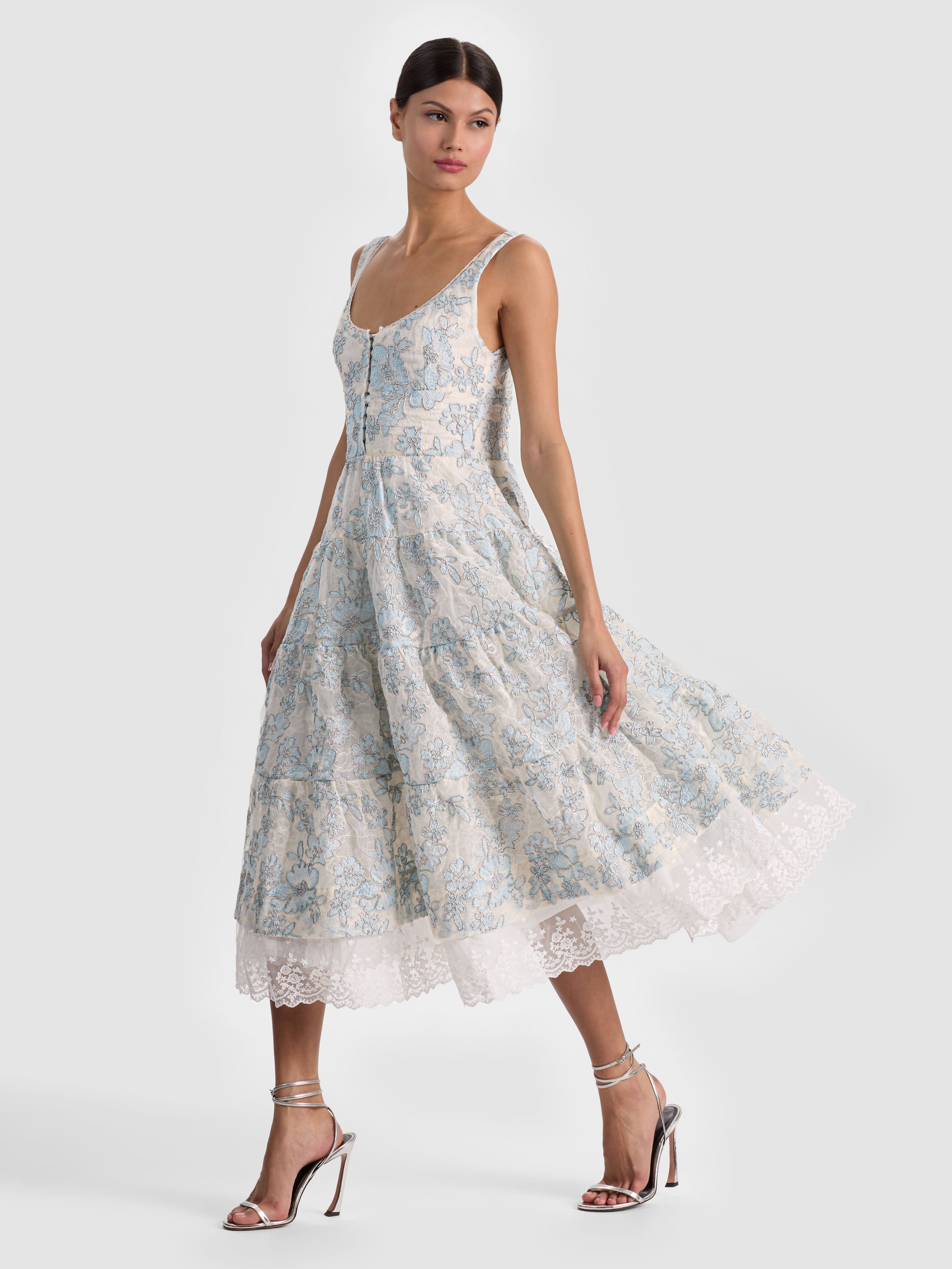 CHARLOTTE EMBR LACE SCOOP NK TIERED ANKLE LENGTH DRESS-OFF WHITE/CAROLINA BLUE-ALICE + OLIVIA