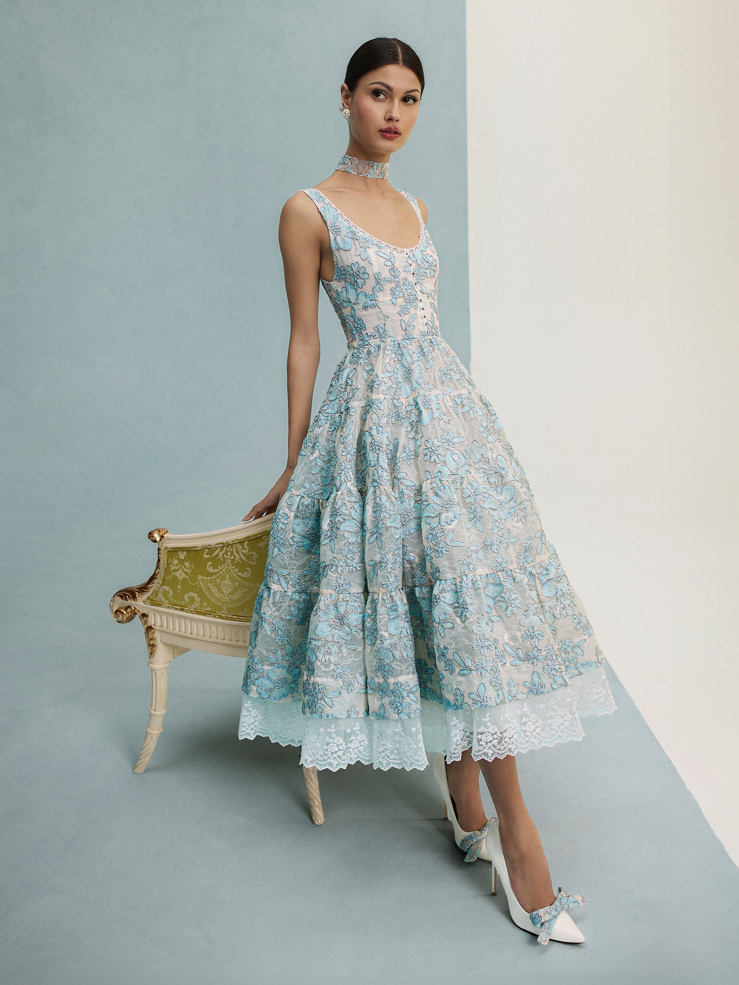 CHARLOTTE EMBR LACE SCOOP NK TIERED ANKLE LENGTH DRESS-OFF WHITE/CAROLINA BLUE-ALICE + OLIVIA