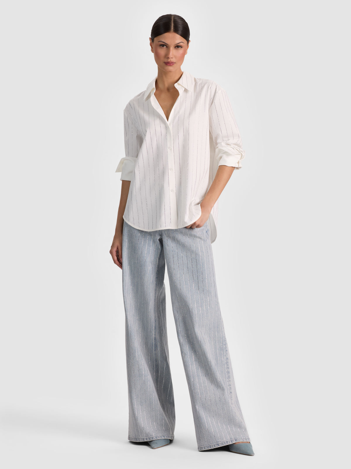 FINELY EMBELLISHED OVERSIZED BUTTON DOWN - OFF WHITE/CLEAR CRYSTAL PINSTR