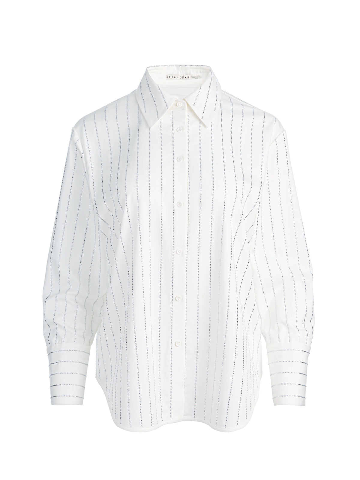 FINELY EMBELLISHED OVERSIZED BUTTON DOWN - OFF WHITE/CLEAR CRYSTAL PINSTR