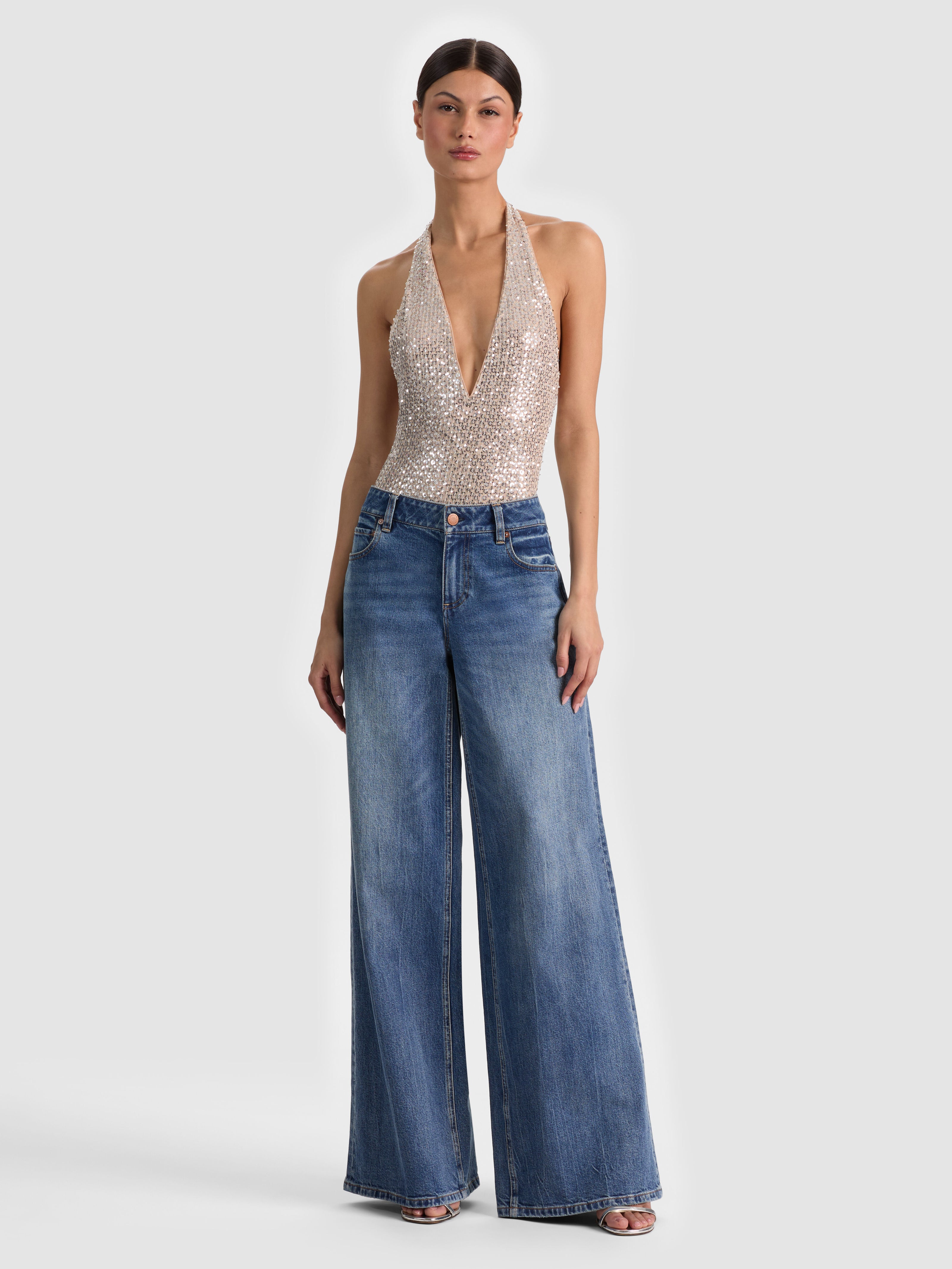 PIPPA SEQUIN BODYSUIT-ALMOND/SILVER-ALICE + OLIVIA