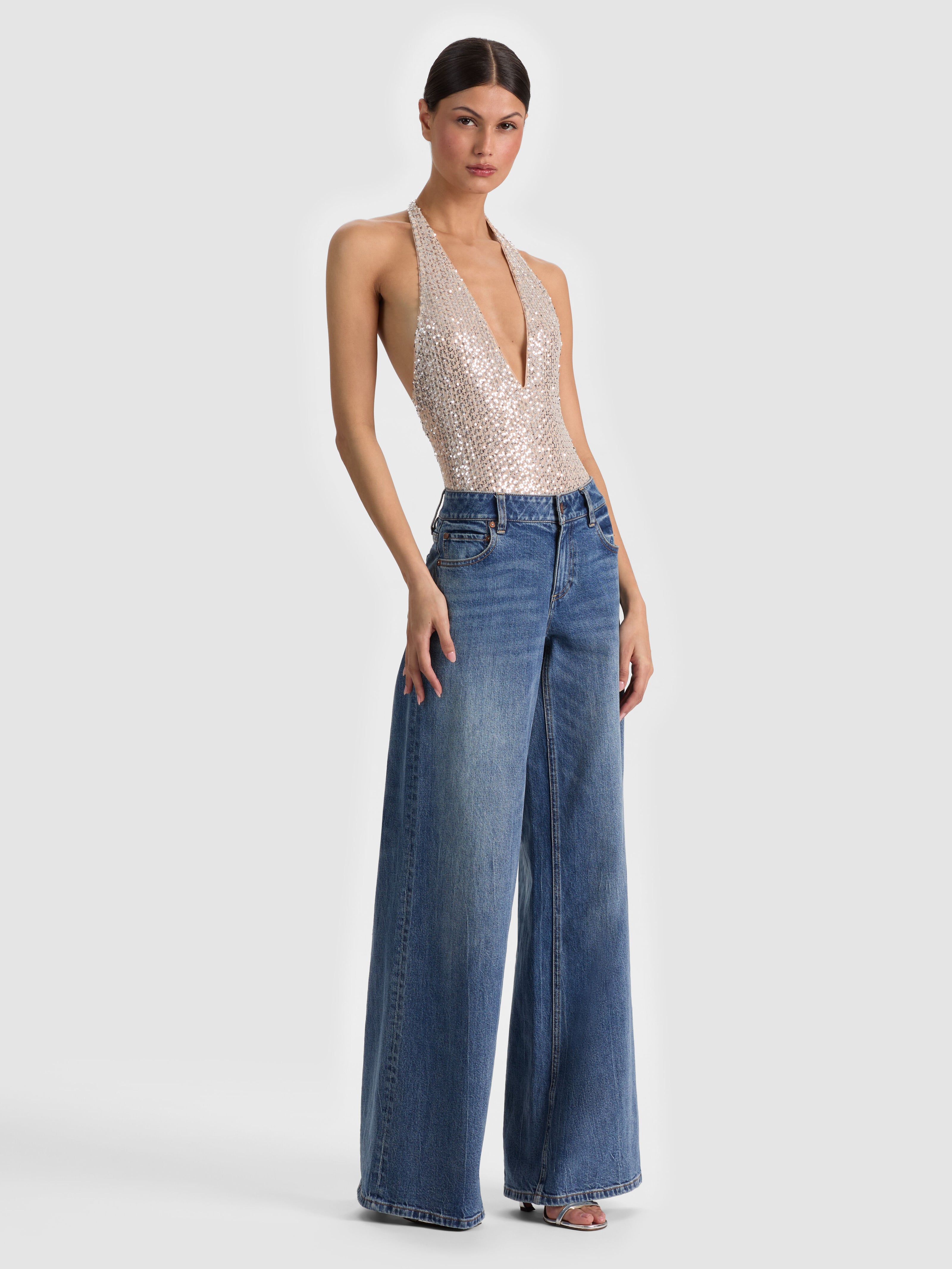 PIPPA SEQUIN BODYSUIT-ALMOND/SILVER-ALICE + OLIVIA