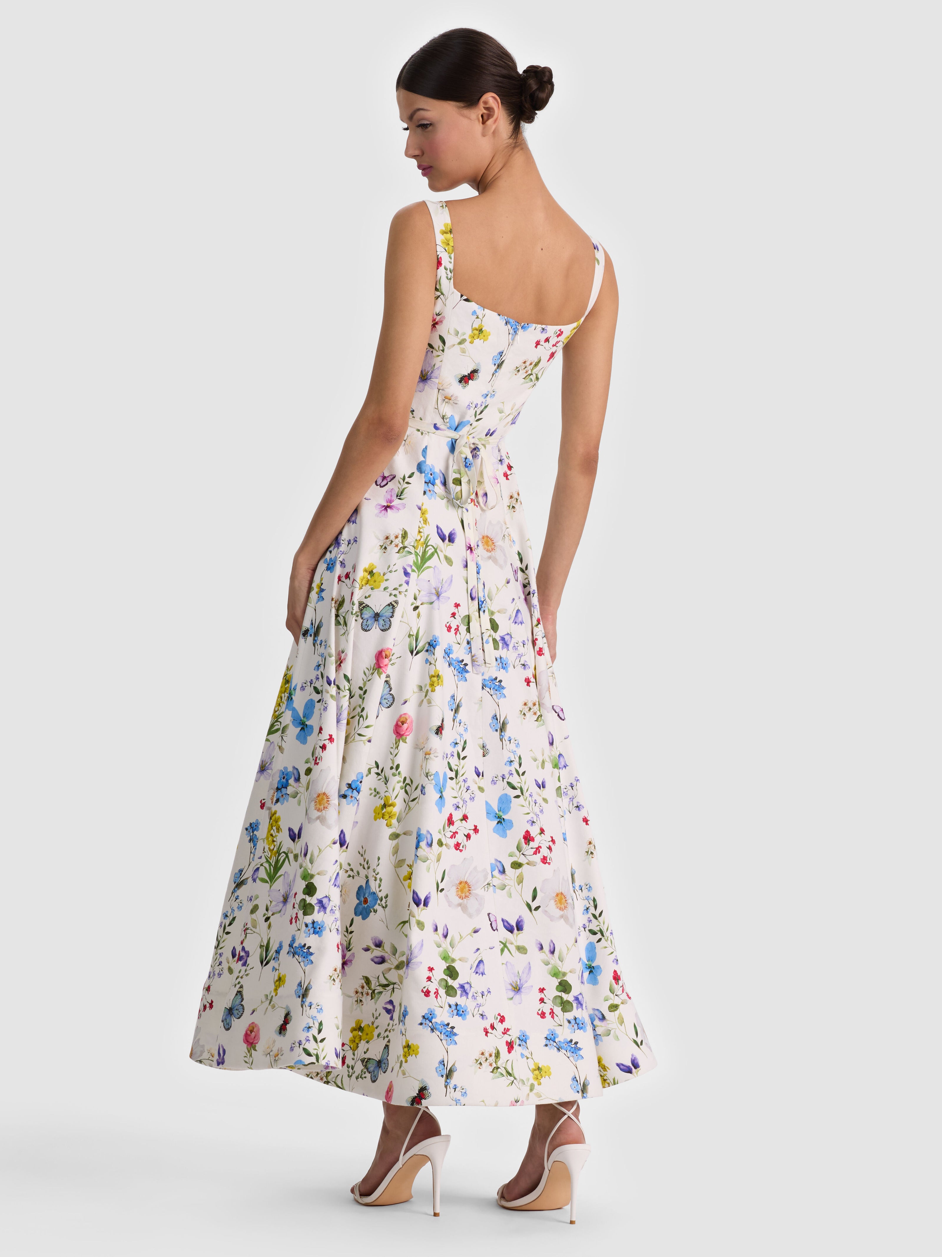 POLLY FLARED MIDI DRESS-TWISTING VINES OFF WHITE-ALICE + OLIVIA