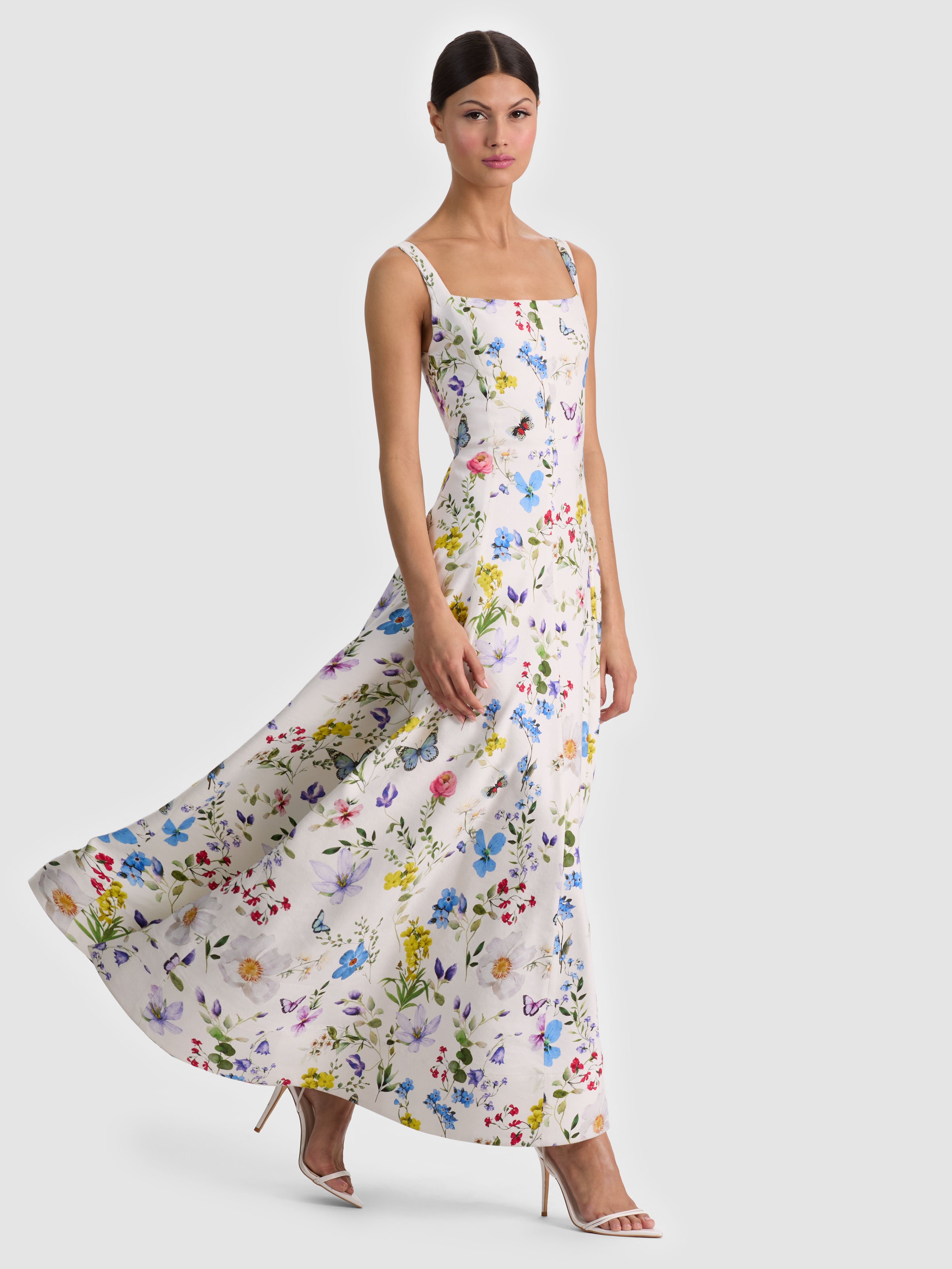 POLLY FLARED MIDI DRESS-TWISTING VINES OFF WHITE-ALICE + OLIVIA