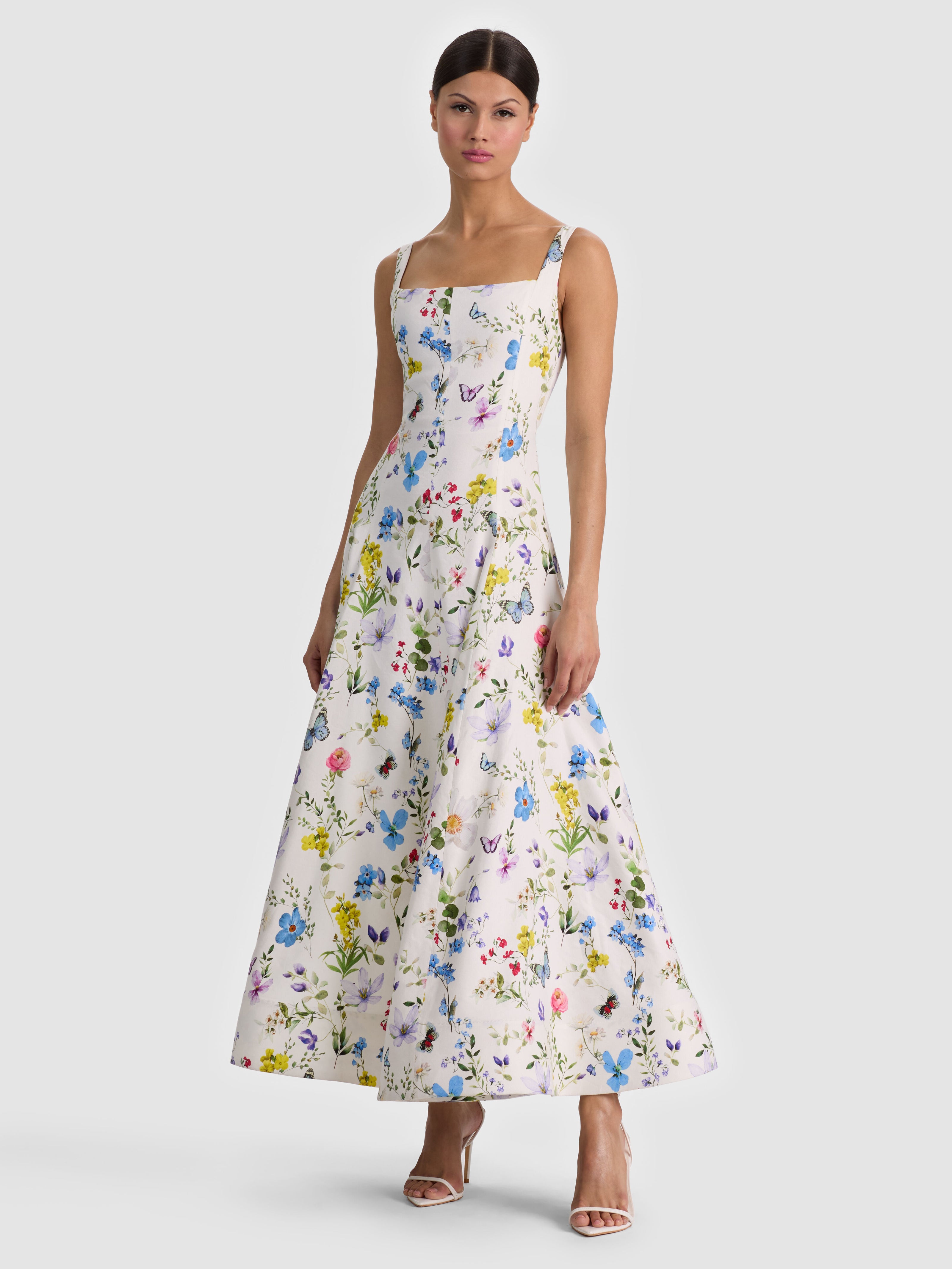POLLY FLARED MIDI DRESS-TWISTING VINES OFF WHITE-ALICE + OLIVIA
