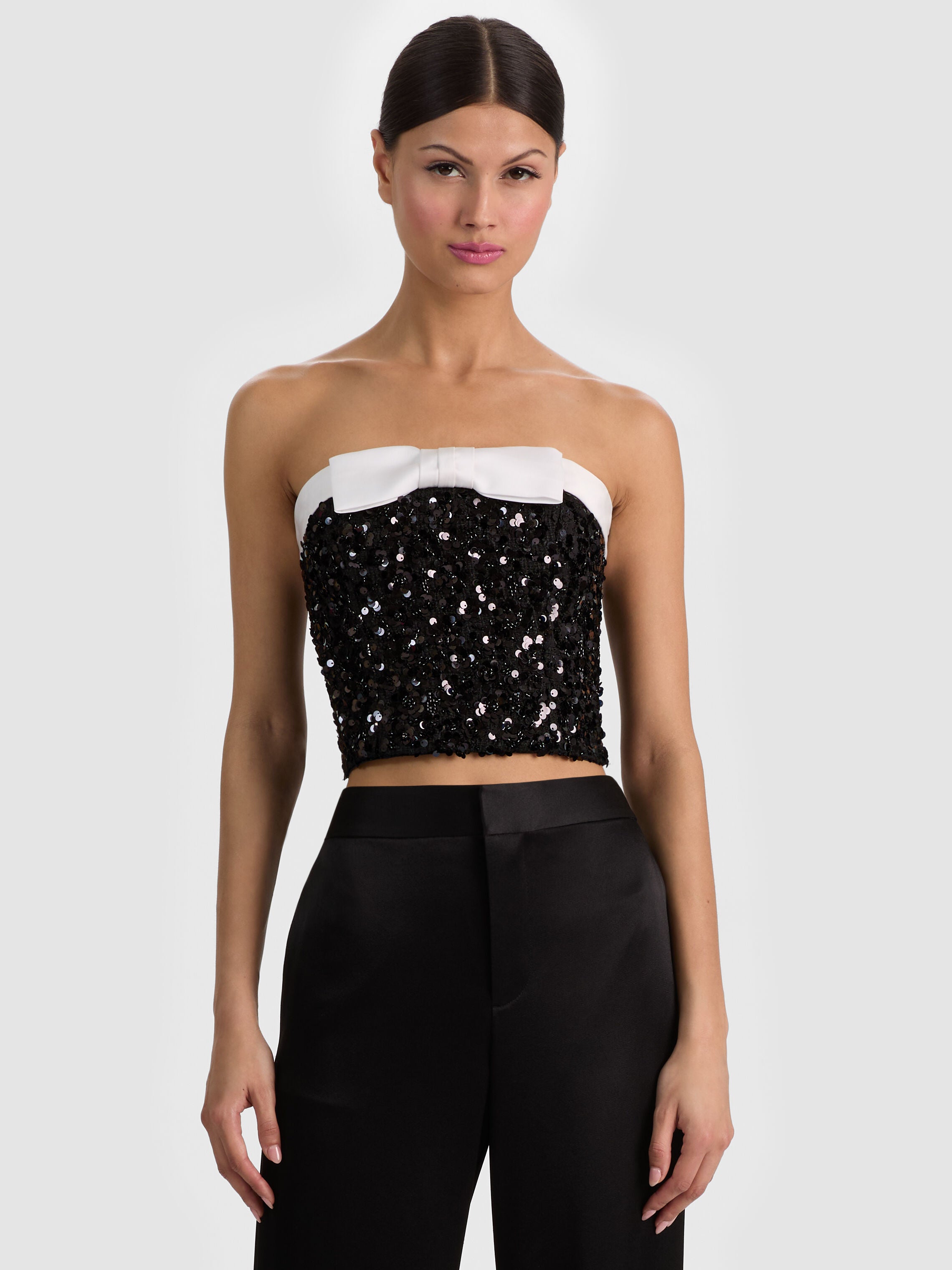 KATYA EMBELLISHED BOW TOP-BLACK/OFF WHITE-ALICE + OLIVIA