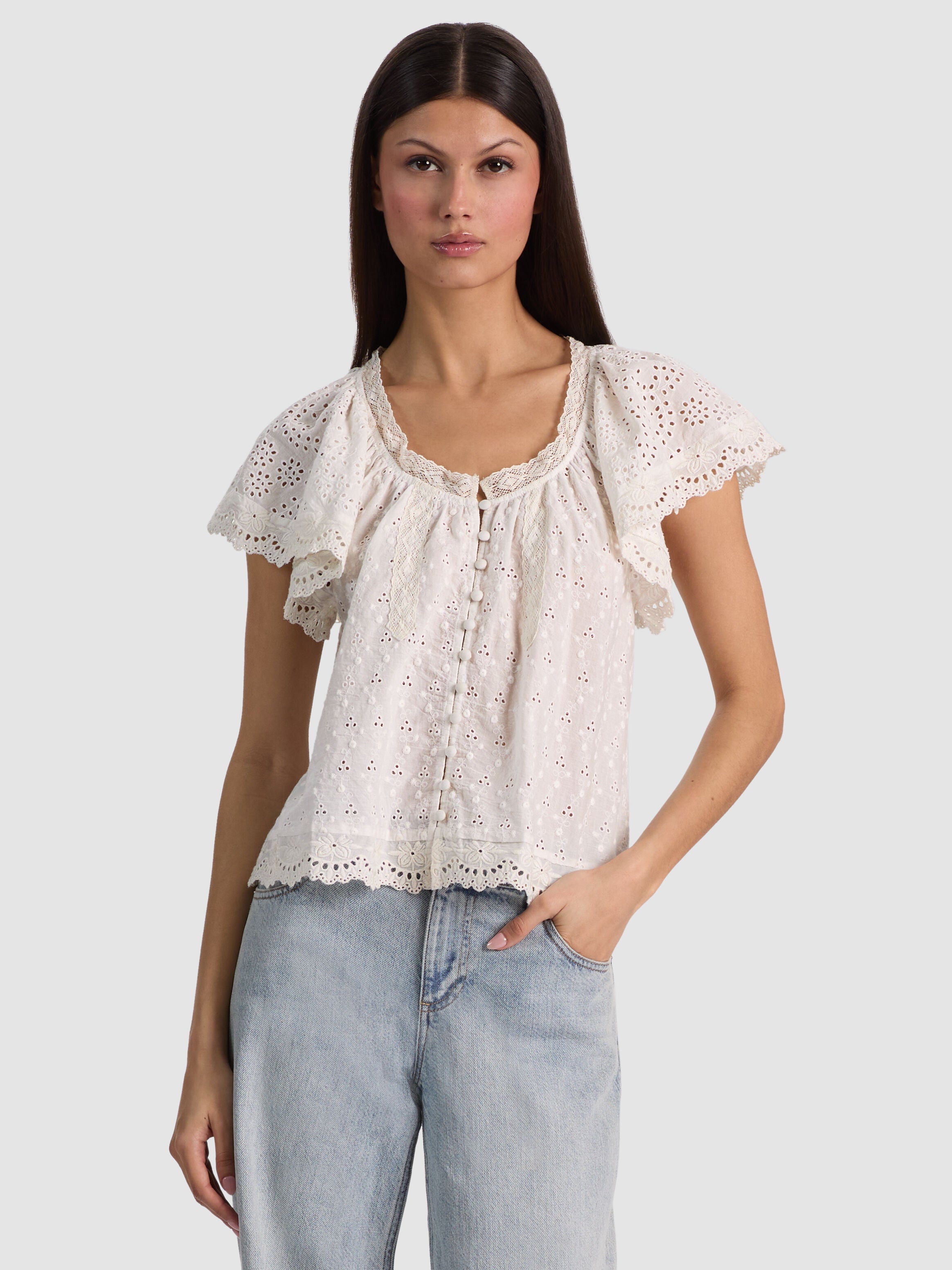 ODETTE EMBROIDERED FLUTTER SLEEVE TOP-OFF WHITE-ALICE + OLIVIA