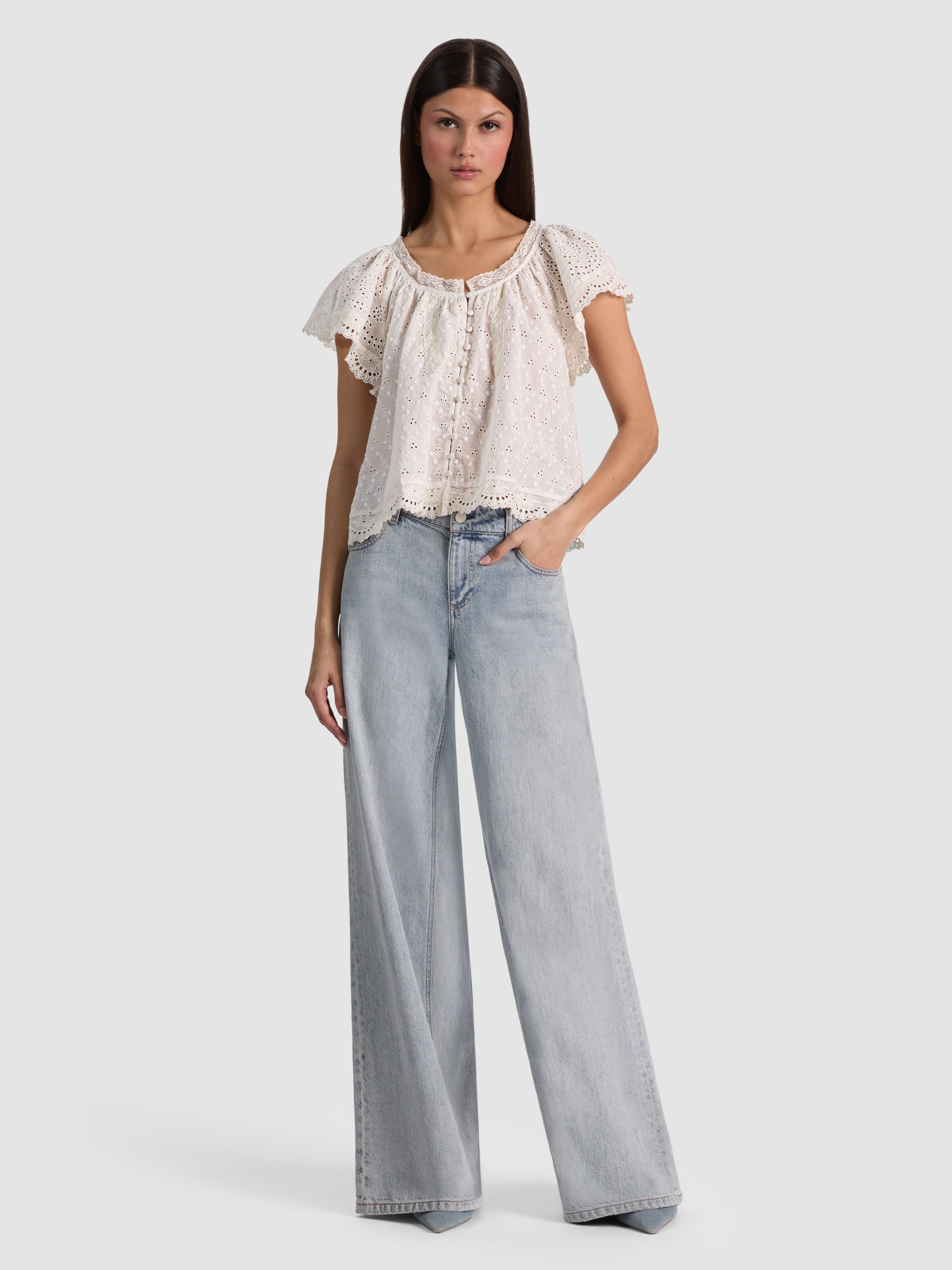ODETTE EMBROIDERED FLUTTER SLEEVE TOP-OFF WHITE-ALICE + OLIVIA