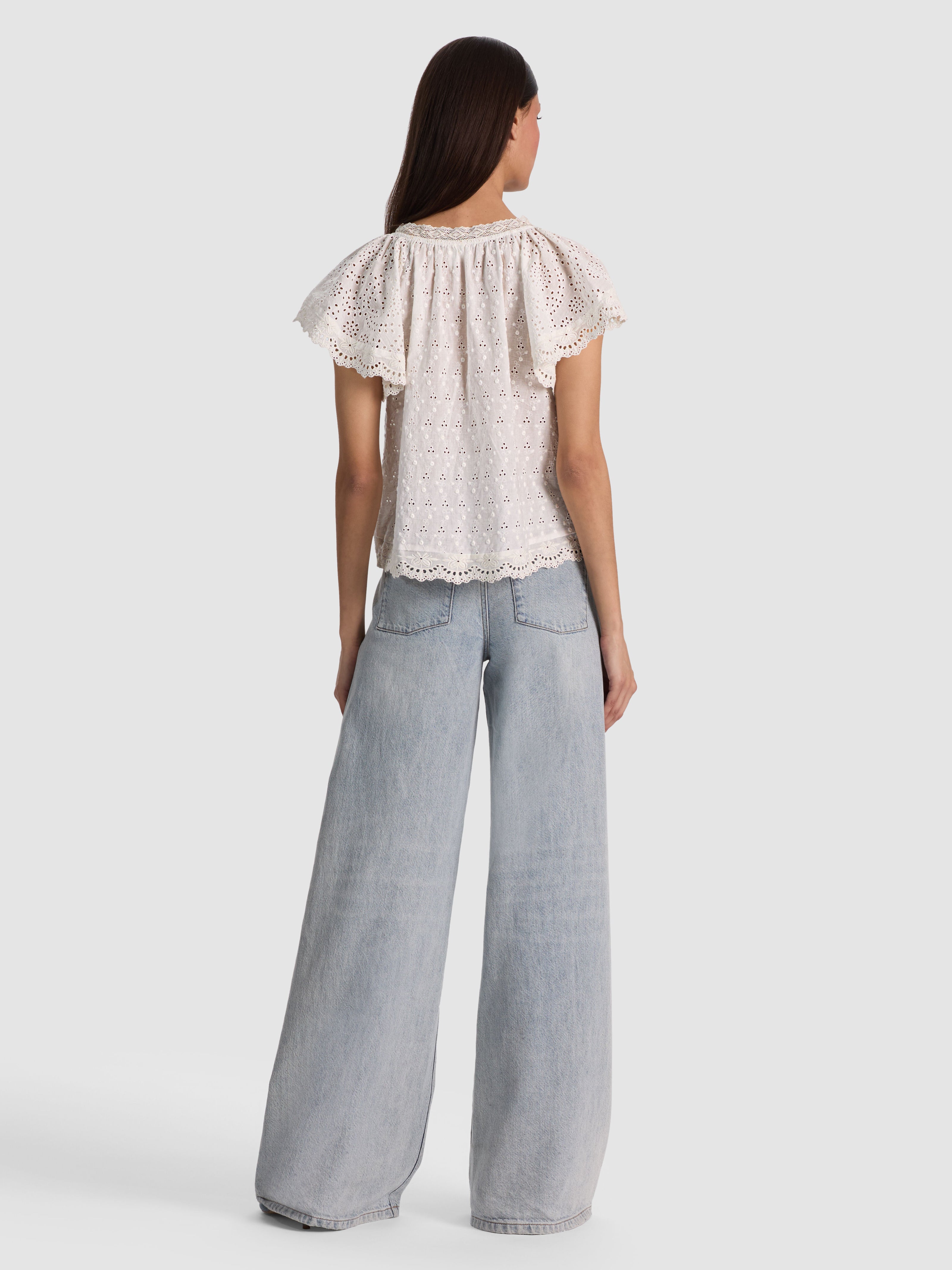 ODETTE EMBROIDERED FLUTTER SLEEVE TOP-OFF WHITE-ALICE + OLIVIA