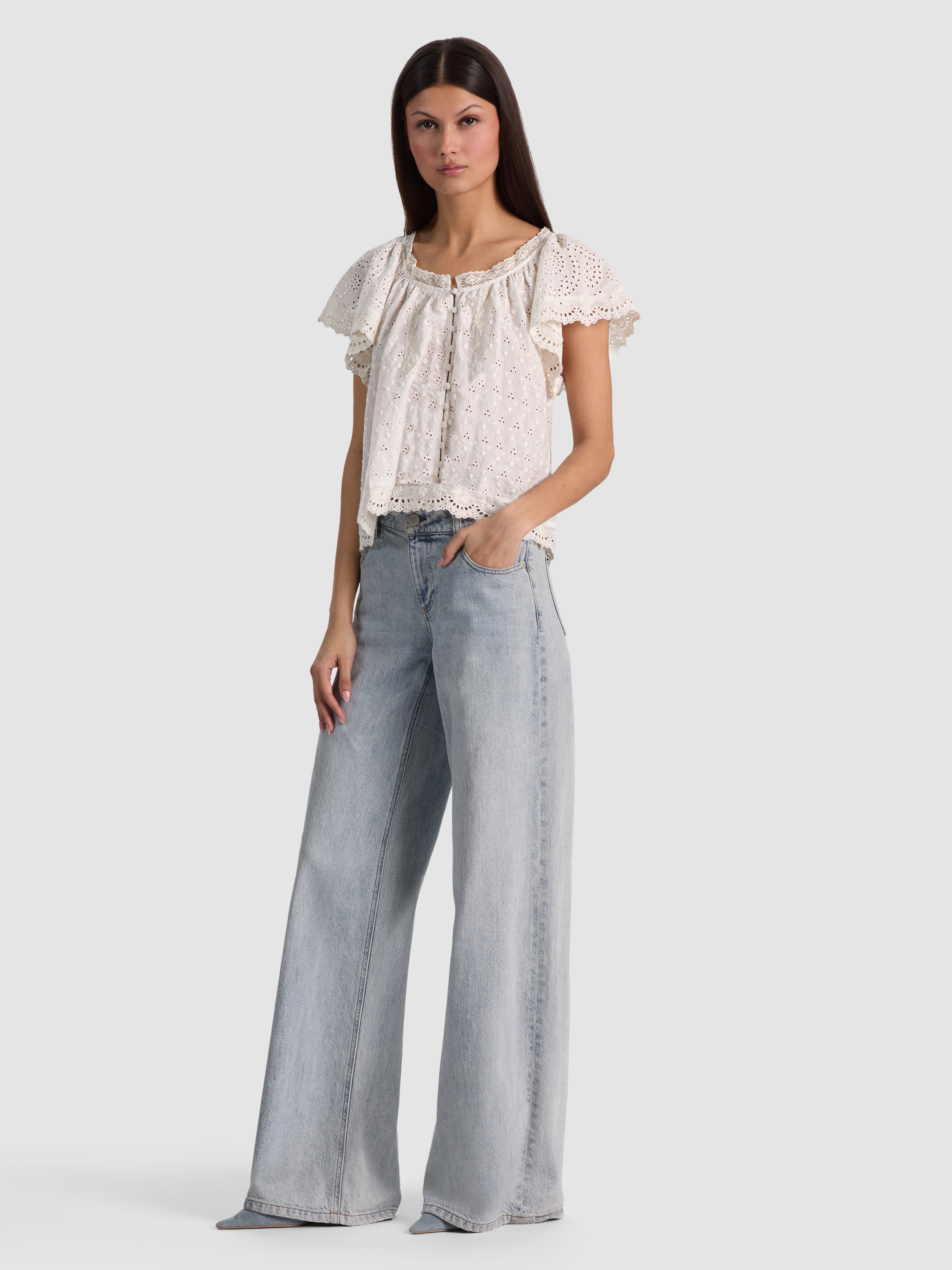 ODETTE EMBROIDERED FLUTTER SLEEVE TOP-OFF WHITE-ALICE + OLIVIA