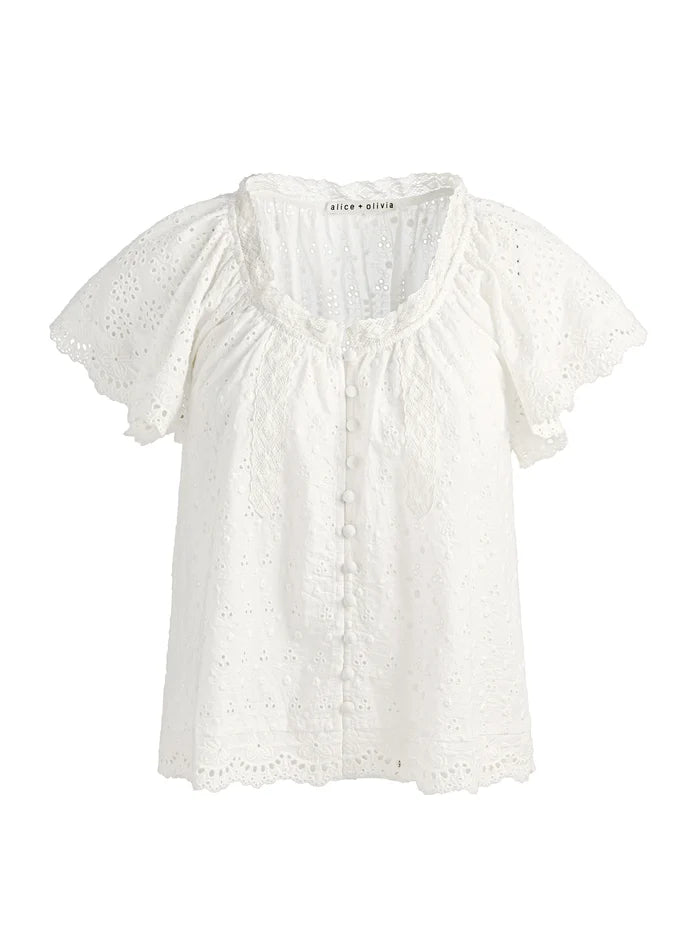 ODETTE EMBROIDERED FLUTTER SLEEVE TOP-OFF WHITE-ALICE + OLIVIA