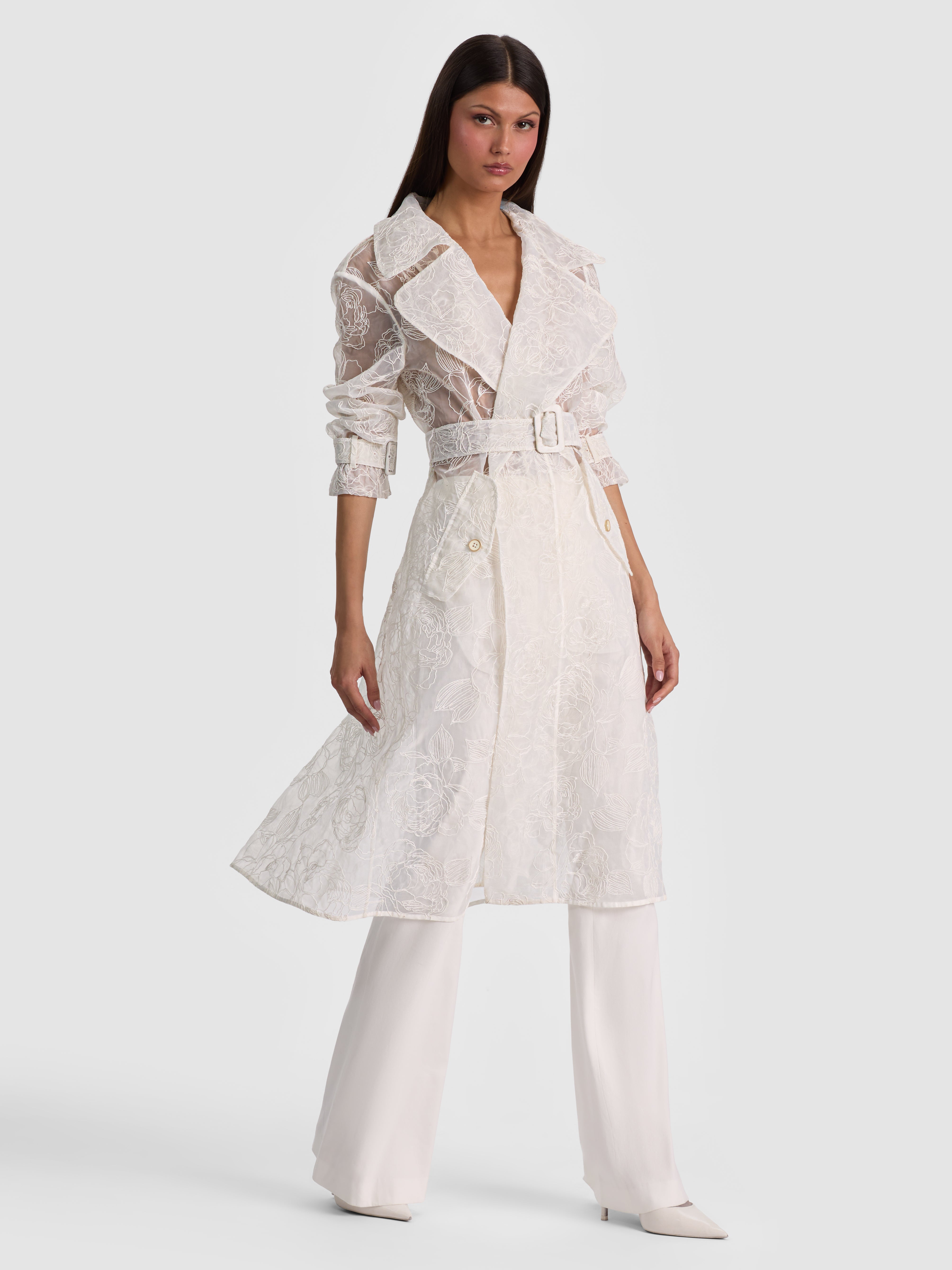 NEVADA EMBROIDERED SHEER TRENCH COAT in OFF WHITE | ALICE + OLIVIA