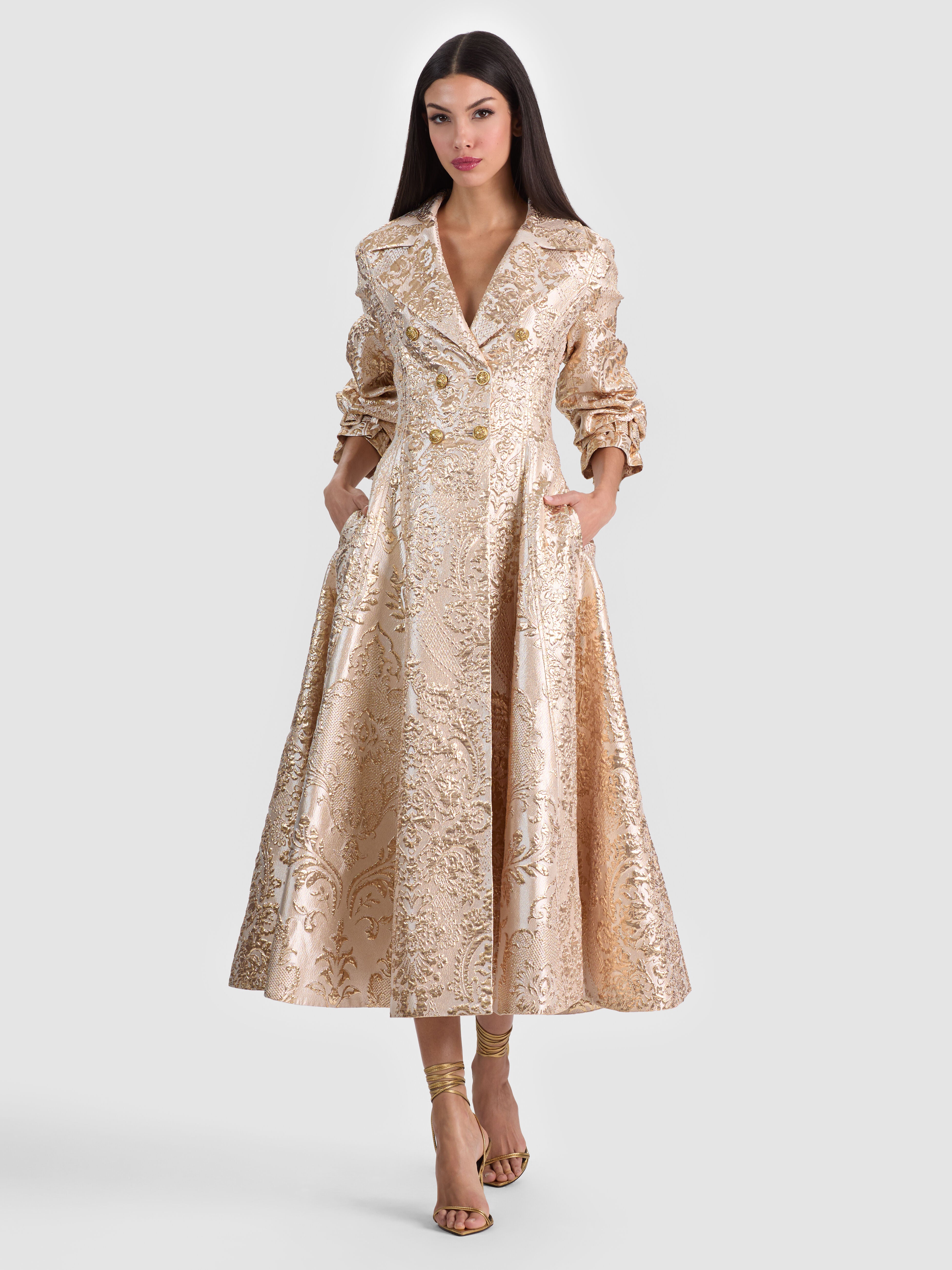 ELLIE TRENCH COAT WITH MIXED JACQUARD-GOLD-ALICE + OLIVIA