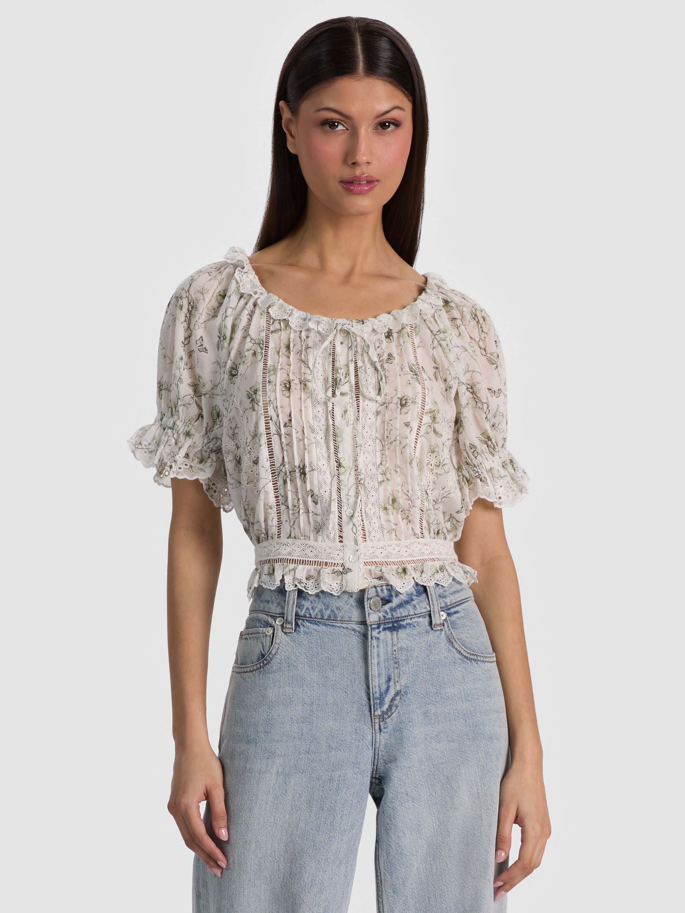 MCLAINE PUFF SLEEVE BLOUSE-FLOWER SHOP LIGHT SAGE-ALICE + OLIVIA