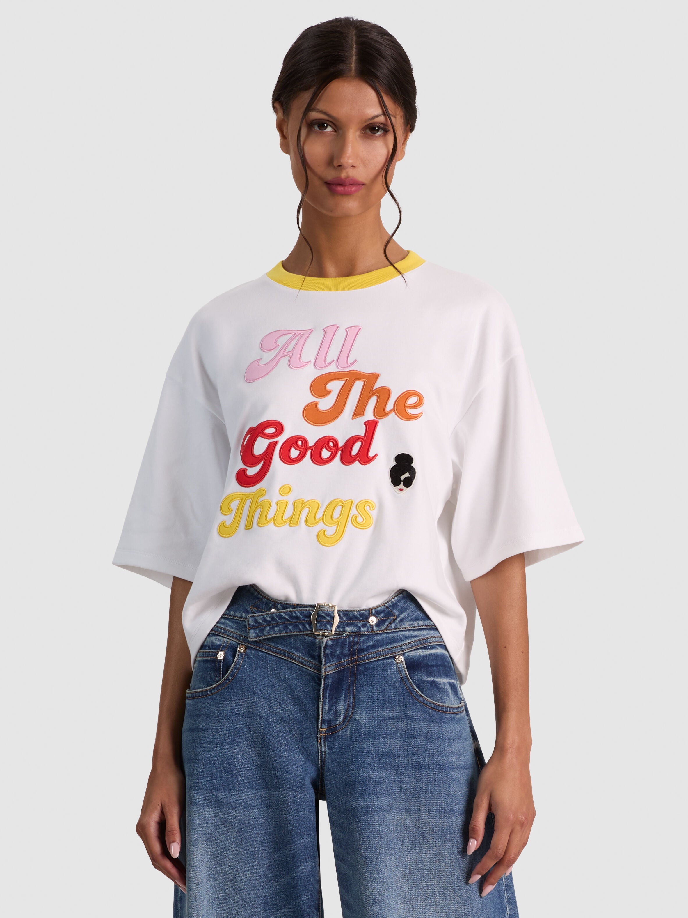 EVAN STACEFACE OVERSIZED CROPPED TEE W APPLIQUES-OFF WHITE MULTI-ALICE + OLIVIA