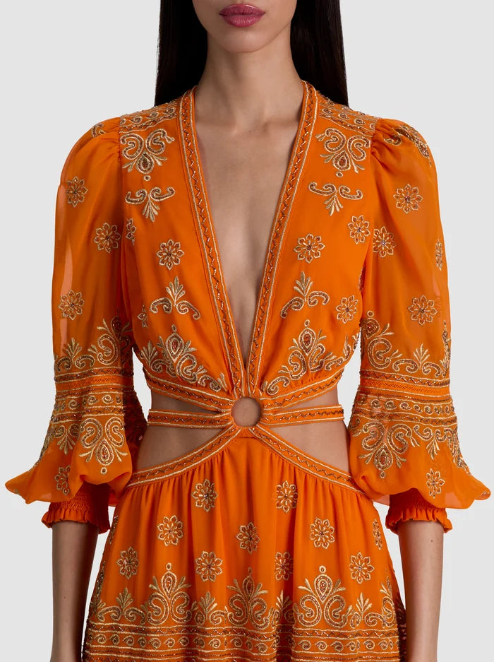 PATRICA EMBELLISHED RUFFLE MAXI DRESS-ORANGE PEEL-ALICE + OLIVIA