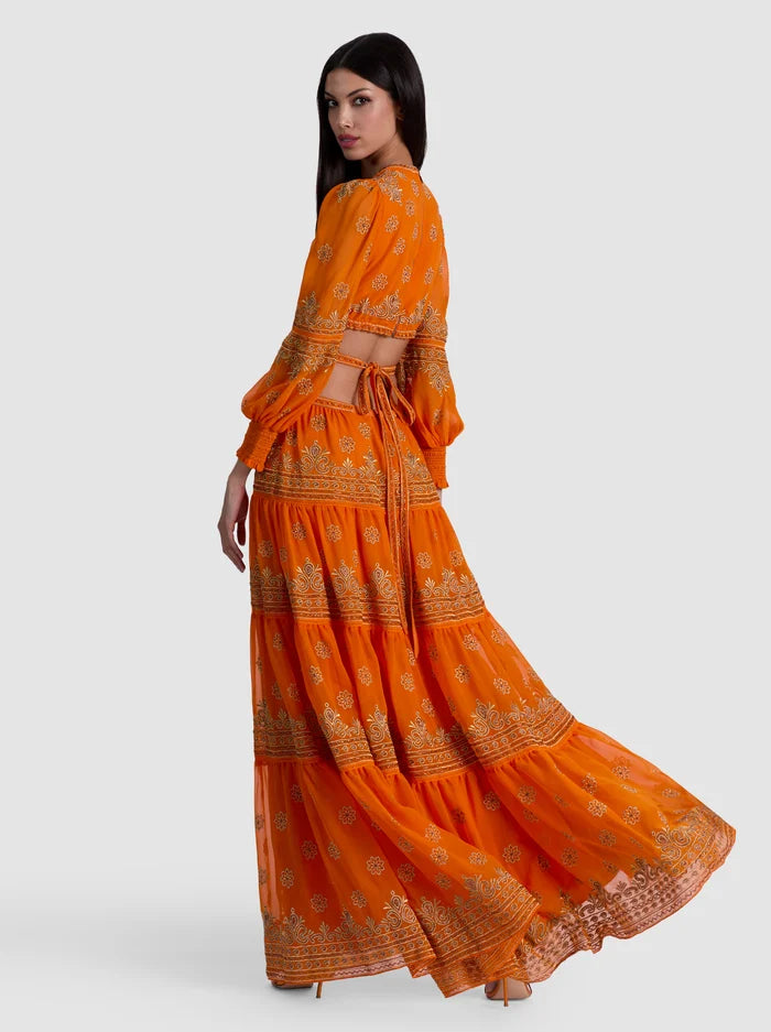 PATRICA EMBELLISHED RUFFLE MAXI DRESS-ORANGE PEEL-ALICE + OLIVIA