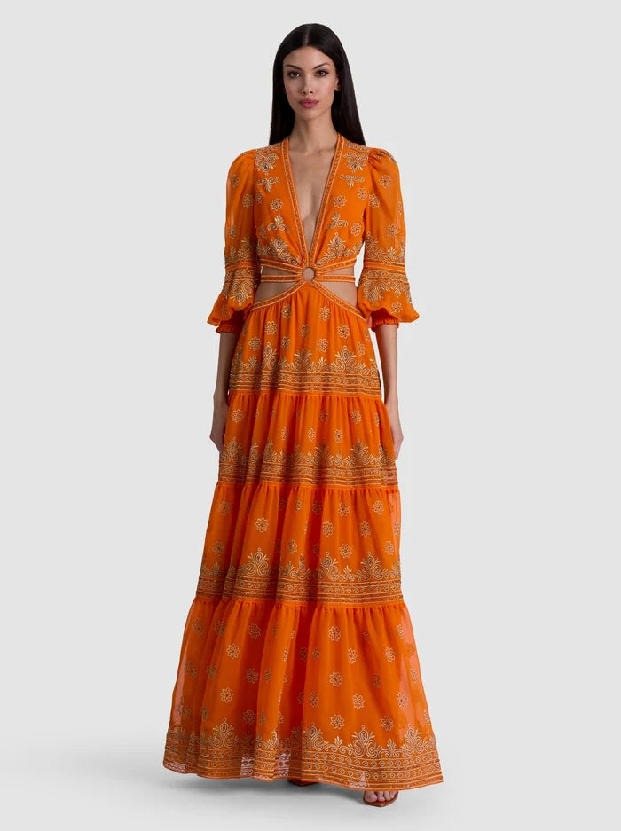 PATRICA EMBELLISHED RUFFLE MAXI DRESS-ORANGE PEEL-ALICE + OLIVIA