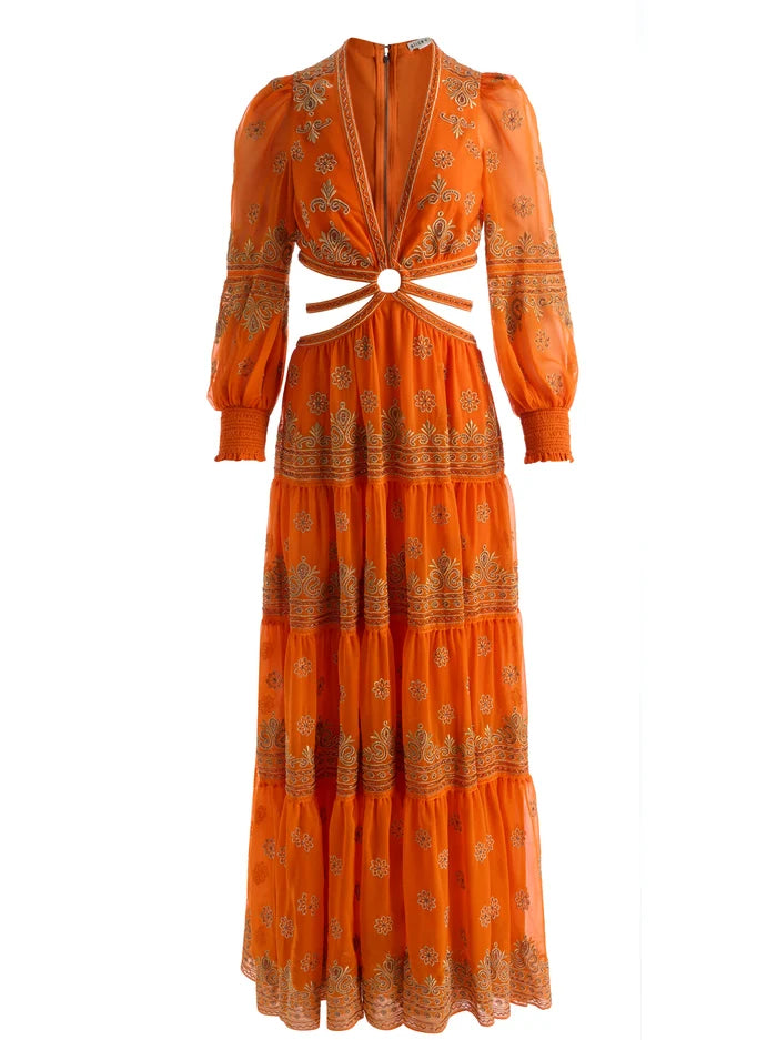 PATRICA EMBELLISHED RUFFLE MAXI DRESS-ORANGE PEEL-ALICE + OLIVIA