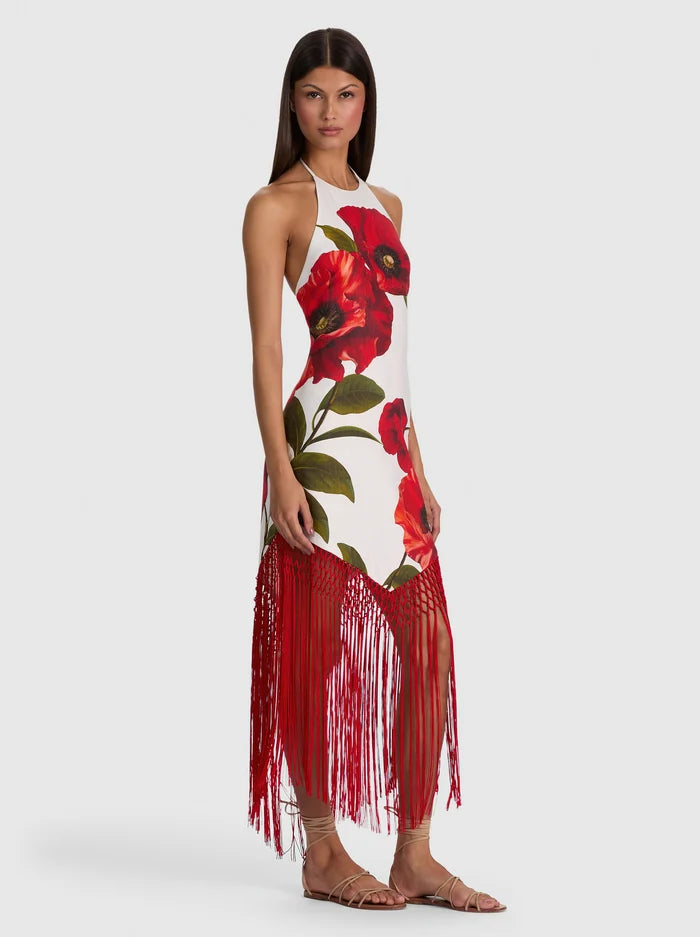 MALLORY HALTER NK FRINGE HEM MIDI DRESS-SUMMER POPPY-ALICE + OLIVIA