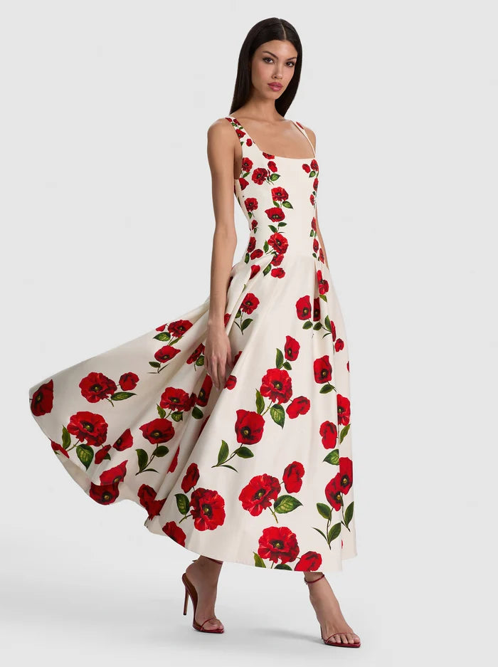ADLEY U NK SLVLSS DROP WAIST PLTD MIDI DRESS-SUMMER POPPY-ALICE + OLIVIA