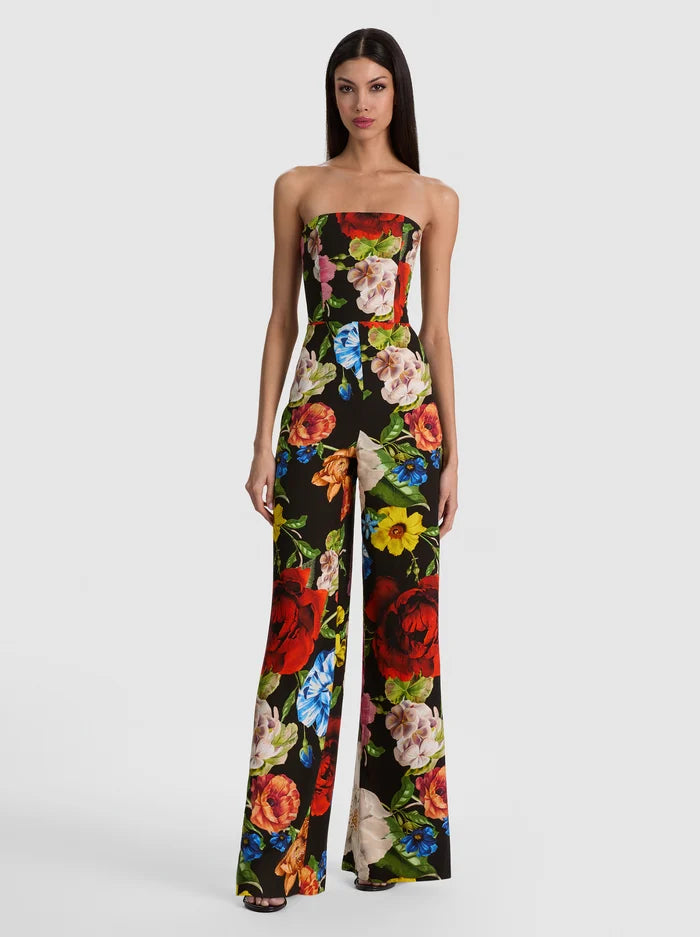 BEATRIZ STRAPLESS WIDE LEG JUMPSUIT-ENDLESS BLOSSOM LG BLACK-ALICE + OLIVIA