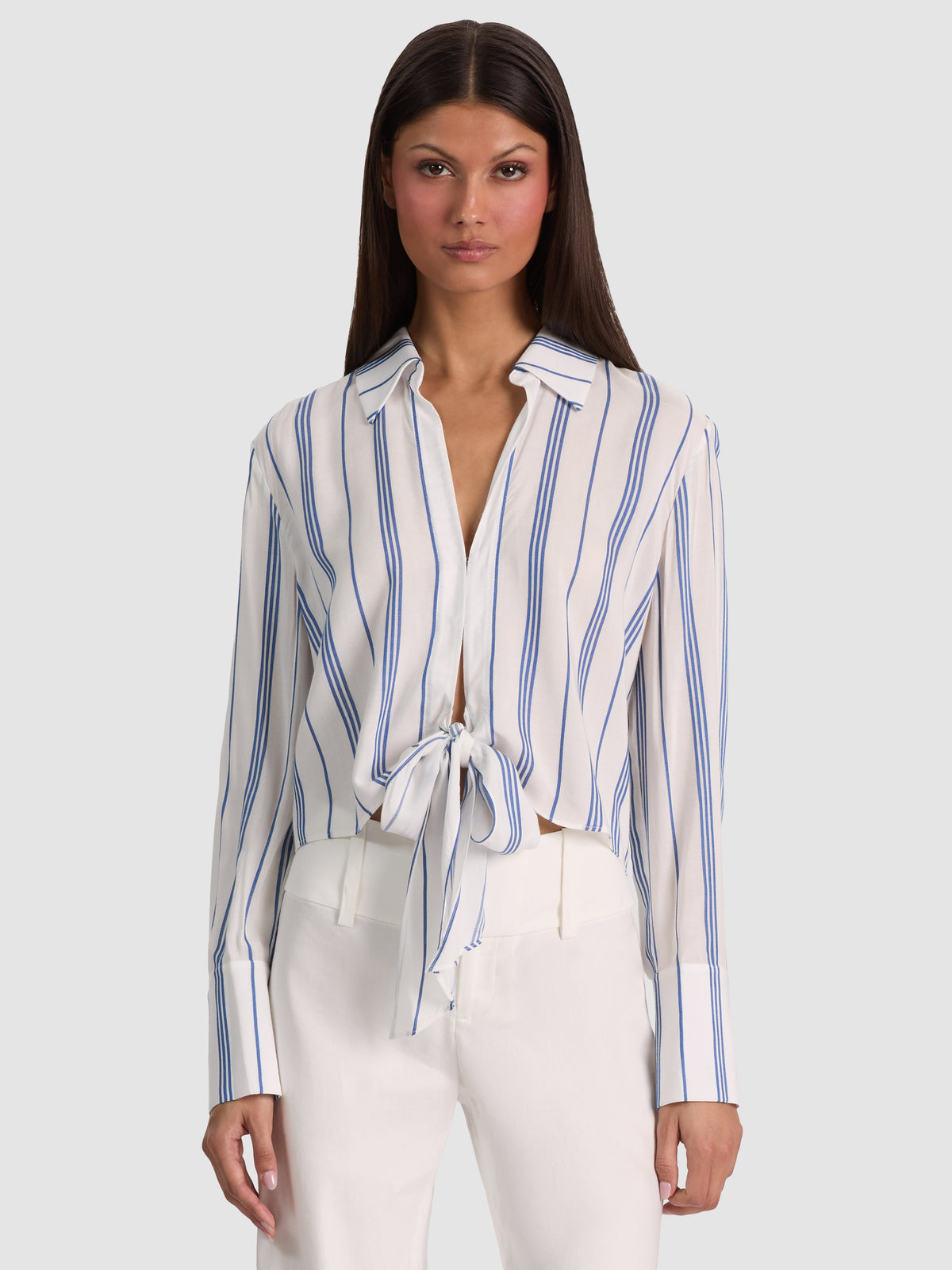HANNON TIE FRONT BLOUSE - OFF WHITE/BLUE IRIS