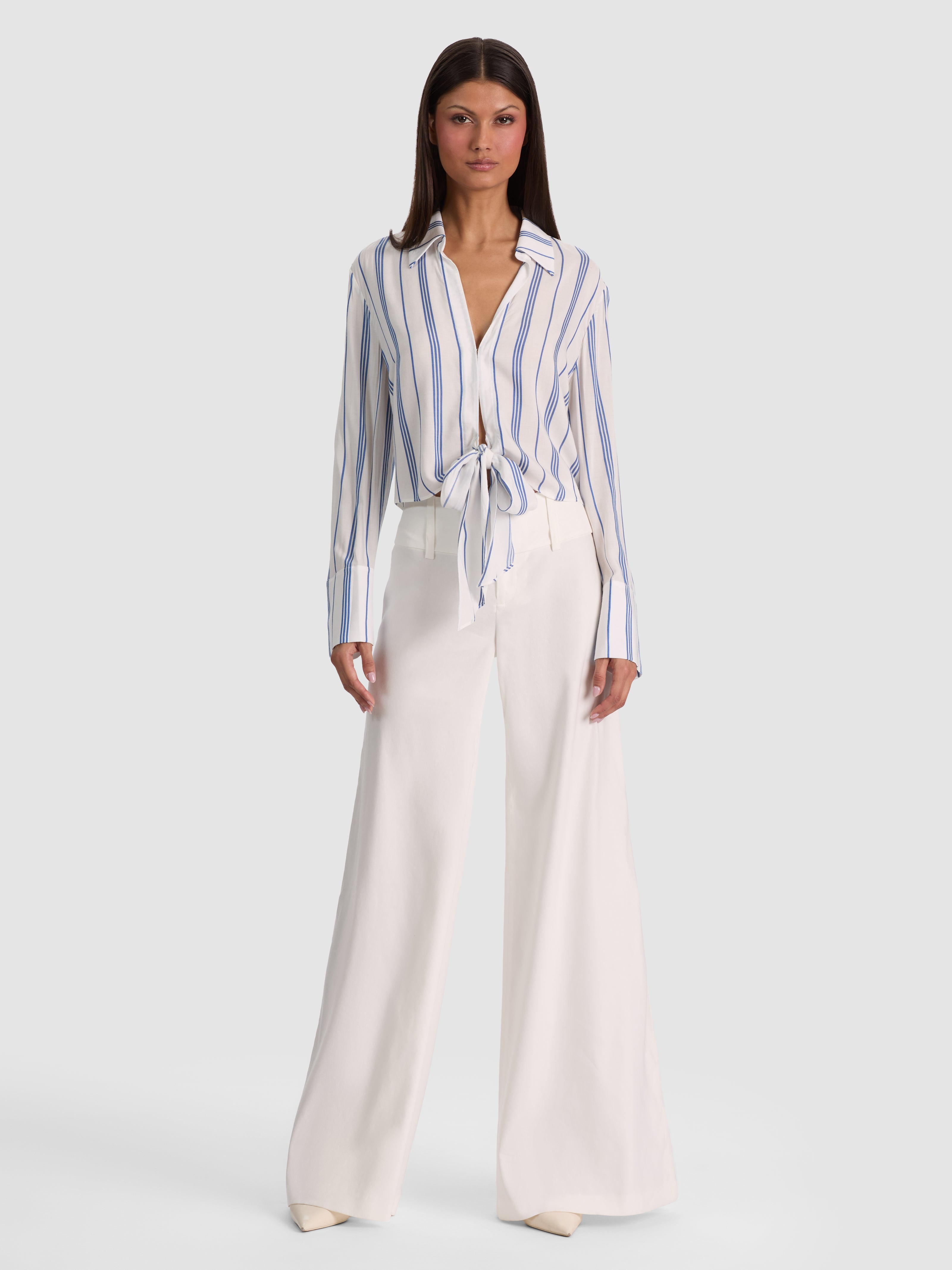 HANNON TIE FRONT BLOUSE-OFF WHITE/BLUE IRIS-ALICE + OLIVIA