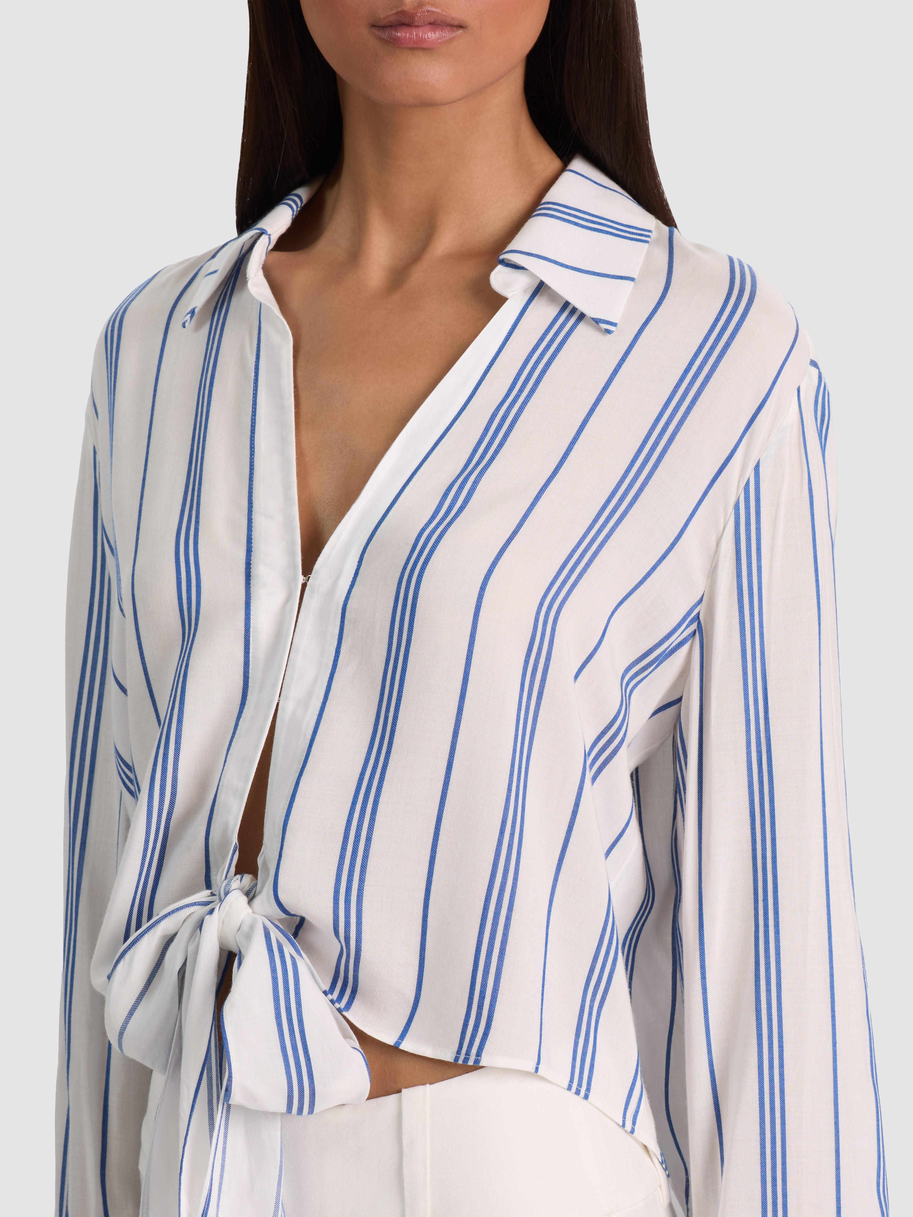 HANNON TIE FRONT BLOUSE-OFF WHITE/BLUE IRIS-ALICE + OLIVIA
