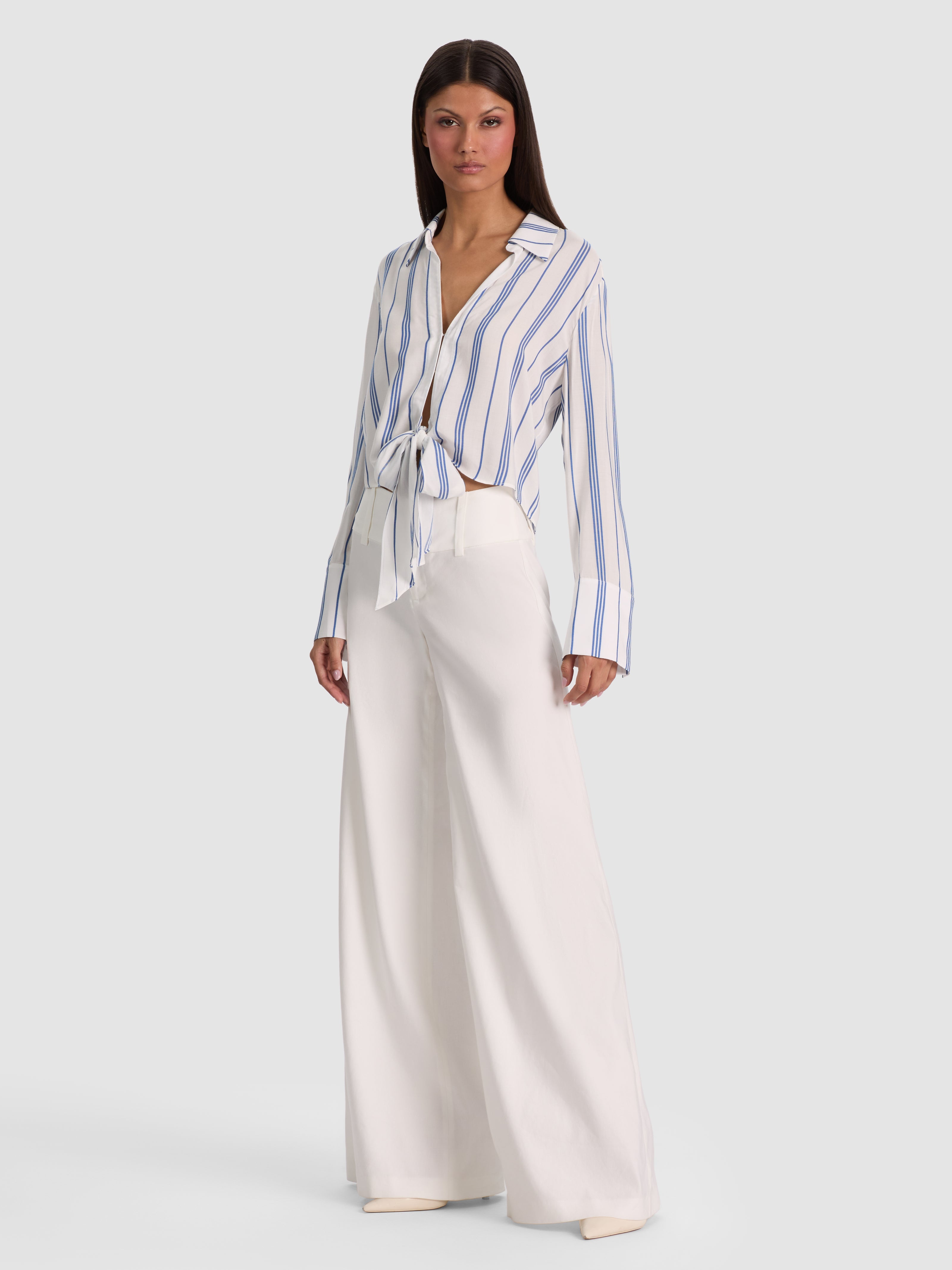 HANNON TIE FRONT BLOUSE-OFF WHITE/BLUE IRIS-ALICE + OLIVIA